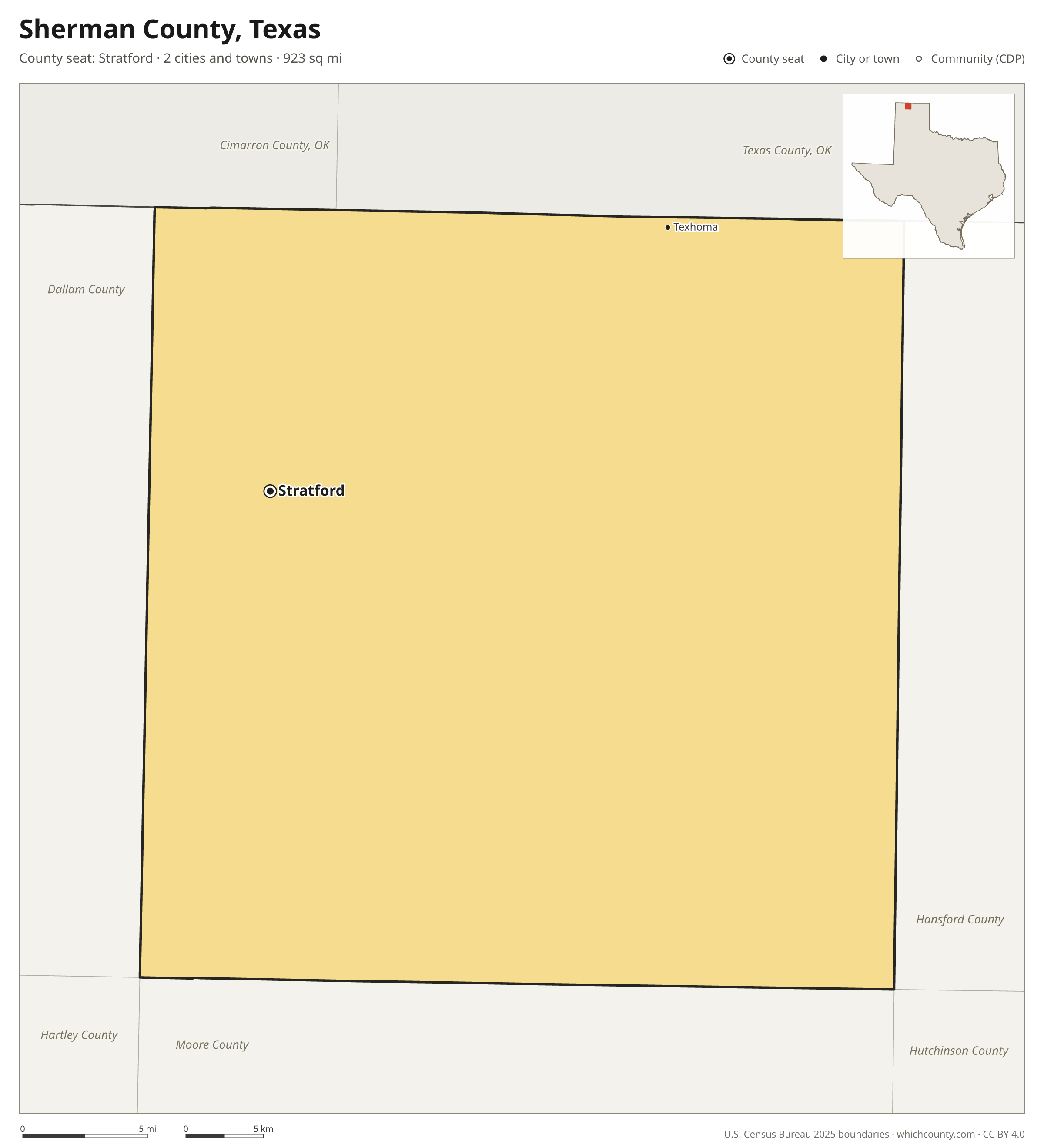 Map of Sherman County, Texas with cities, towns and the county boundary
