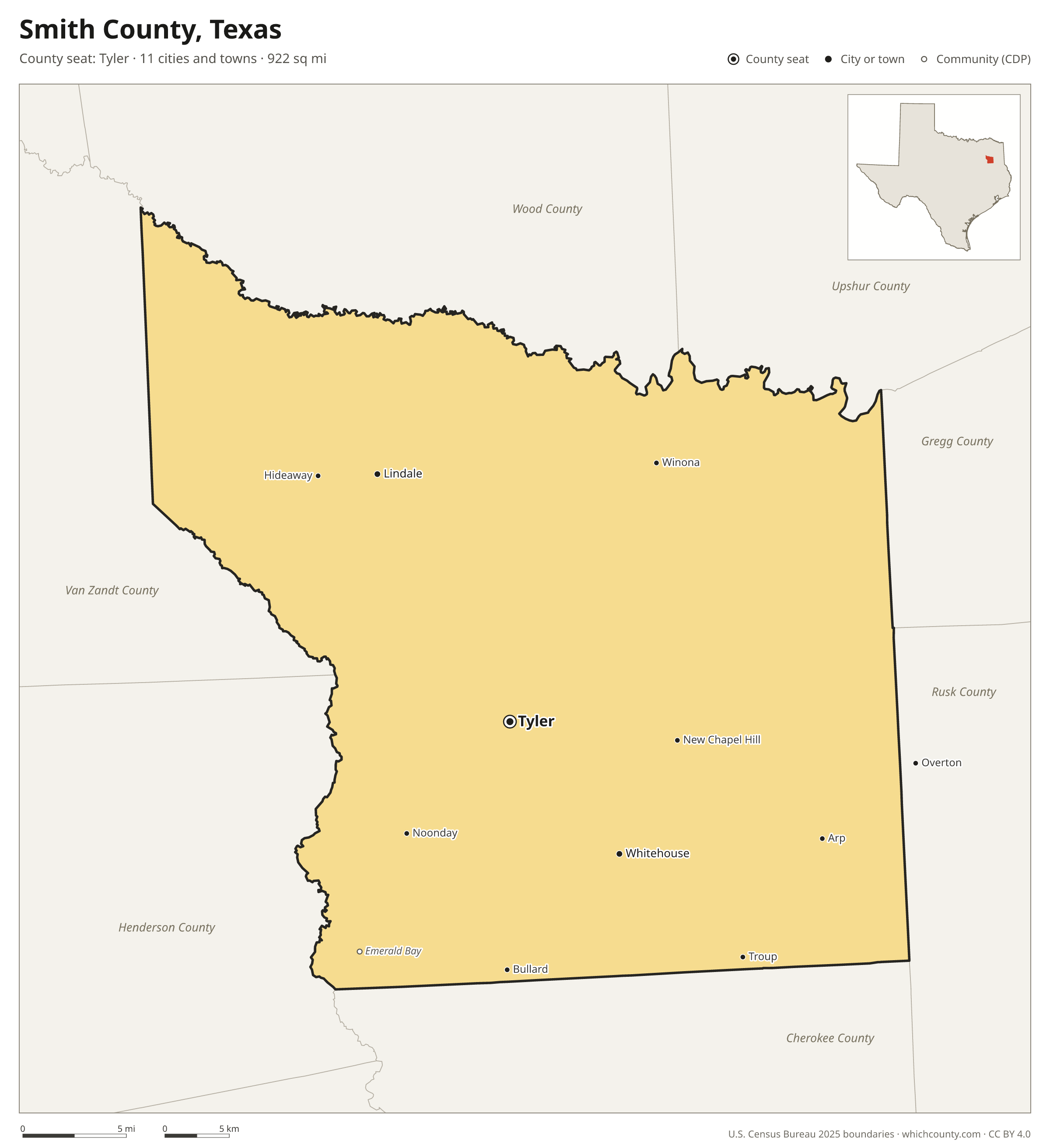 Map of Smith County, Texas with cities, towns and the county boundary