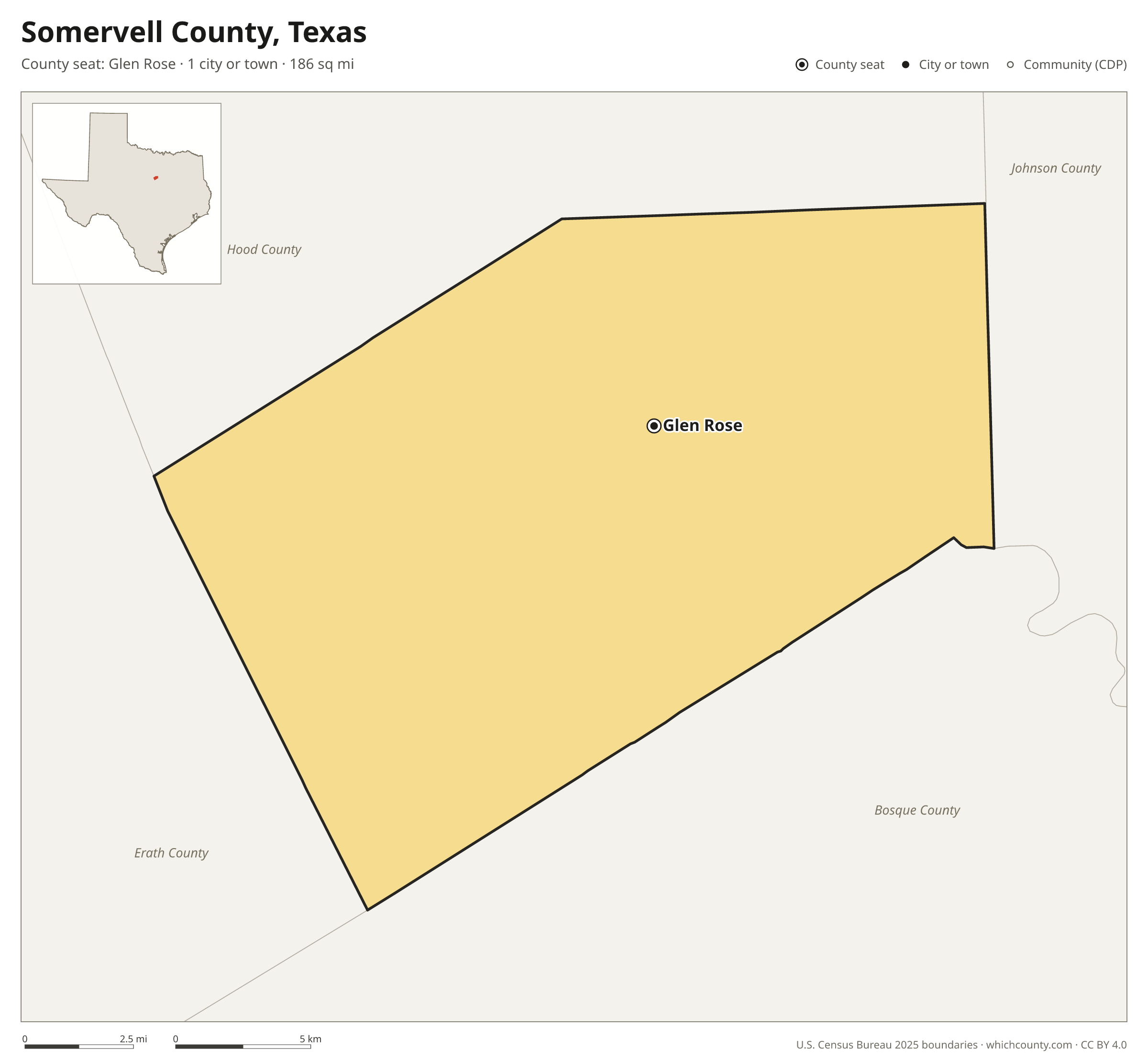 Map of Somervell County, Texas with cities, towns and the county boundary