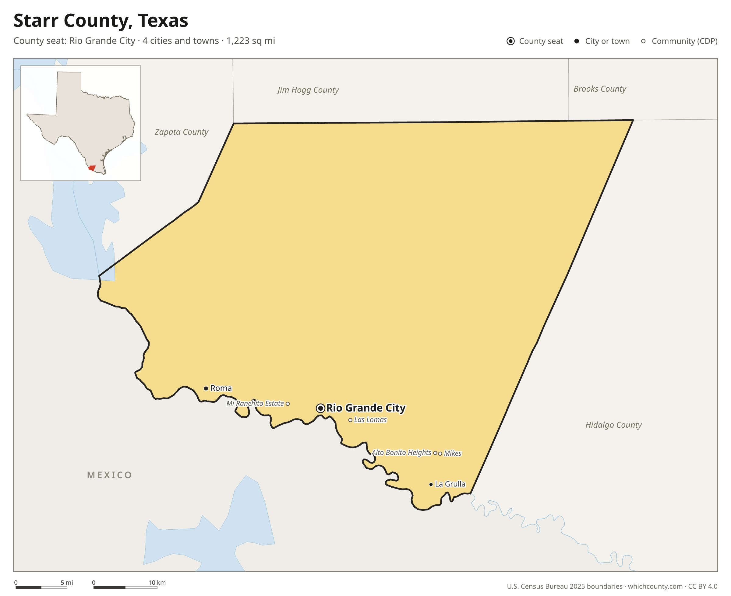 Map of Starr County, Texas with cities, towns and the county boundary