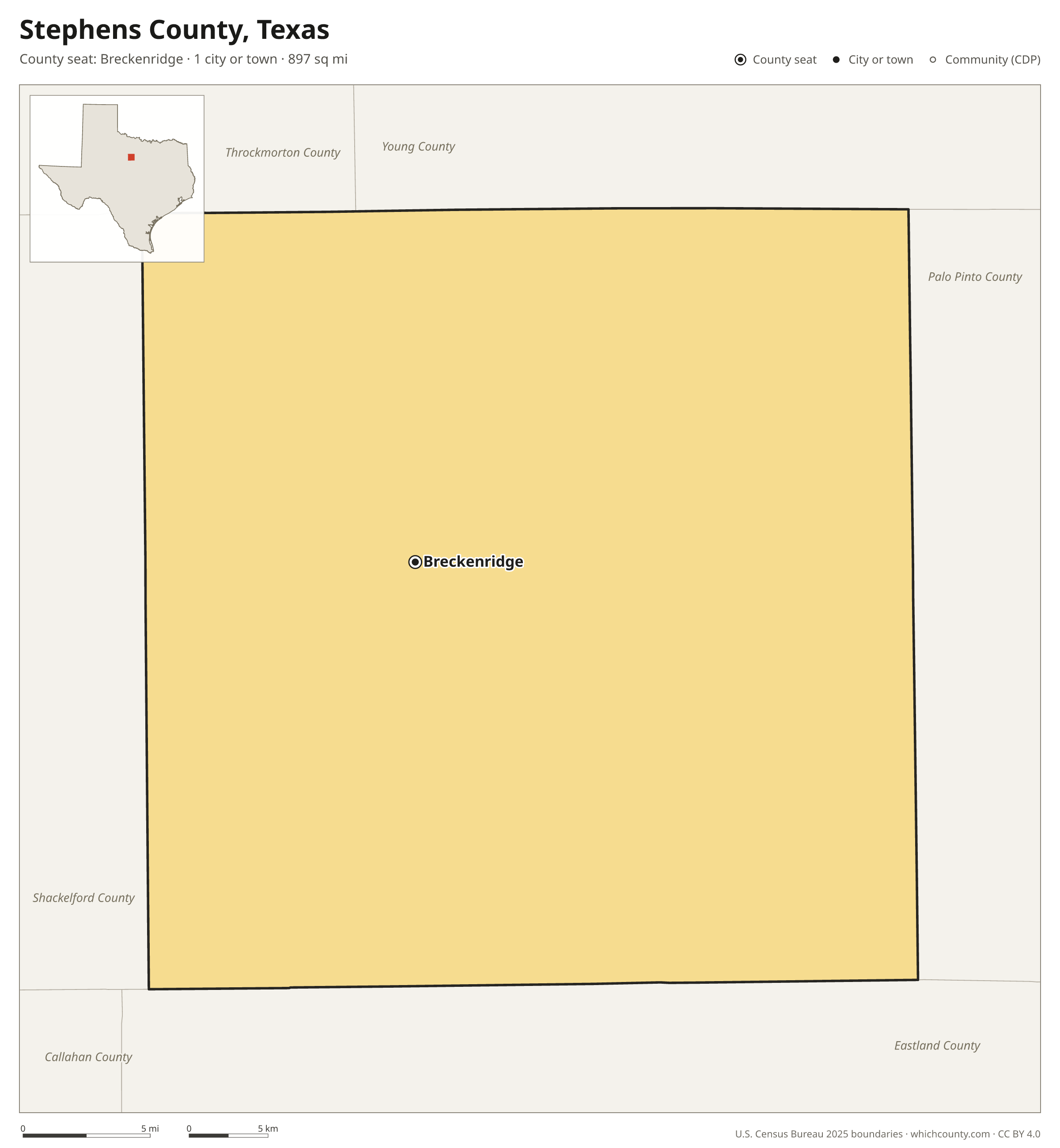 Map of Stephens County, Texas with cities, towns and the county boundary