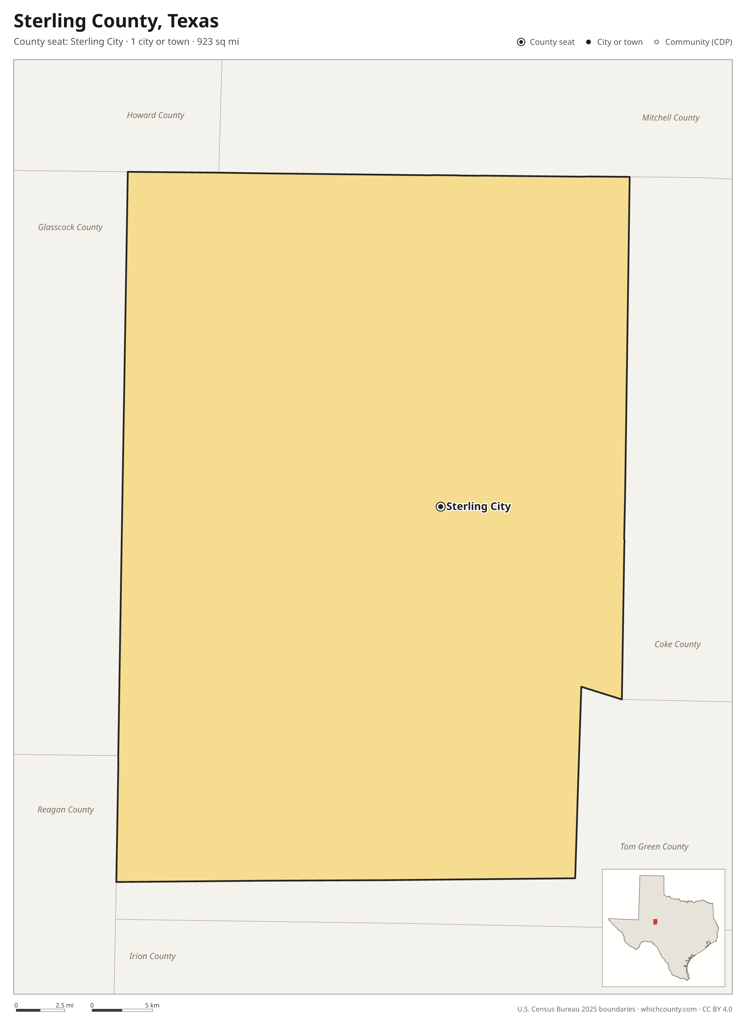 Map of Sterling County, Texas with cities, towns and the county boundary