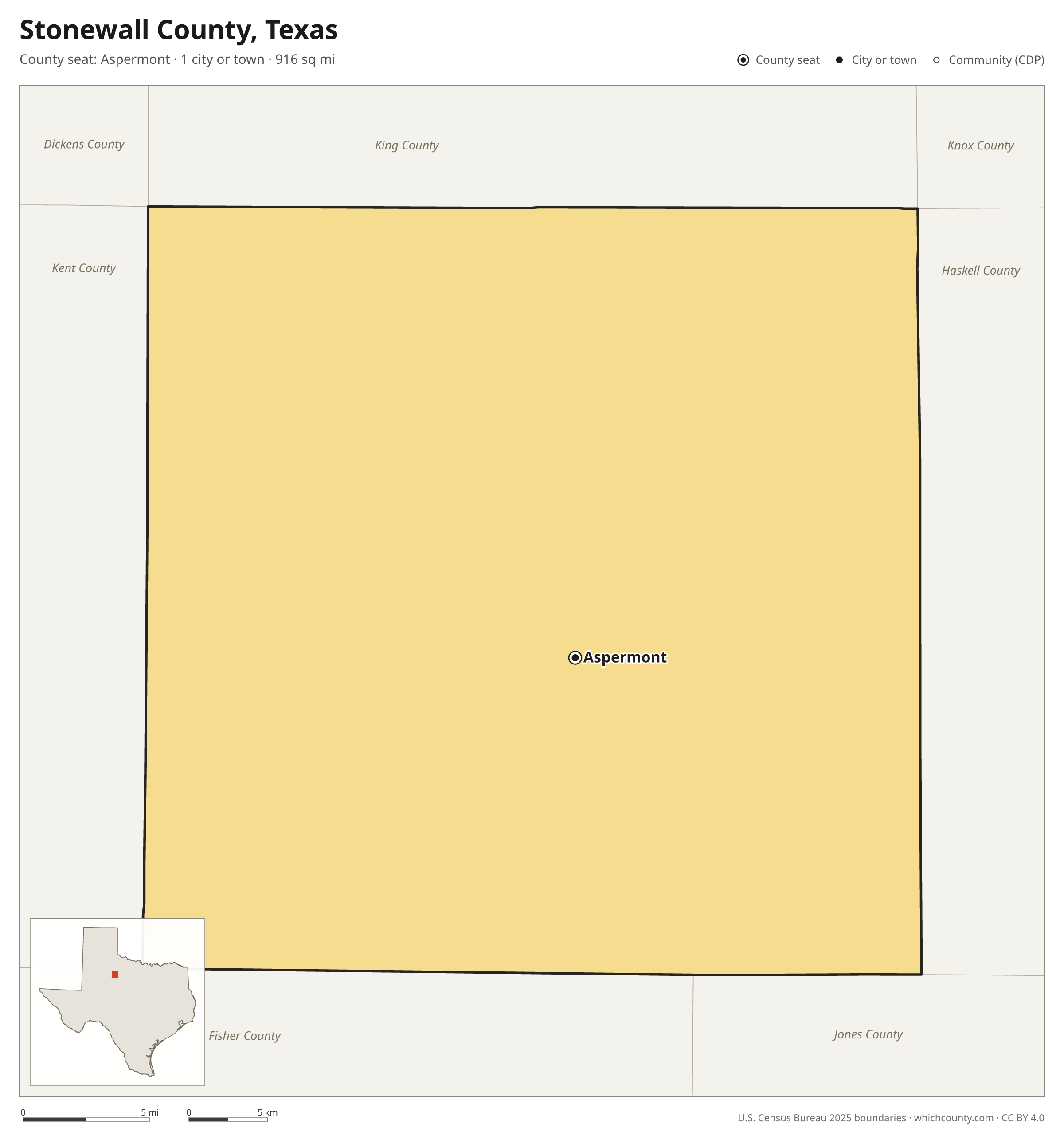 Map of Stonewall County, Texas with cities, towns and the county boundary