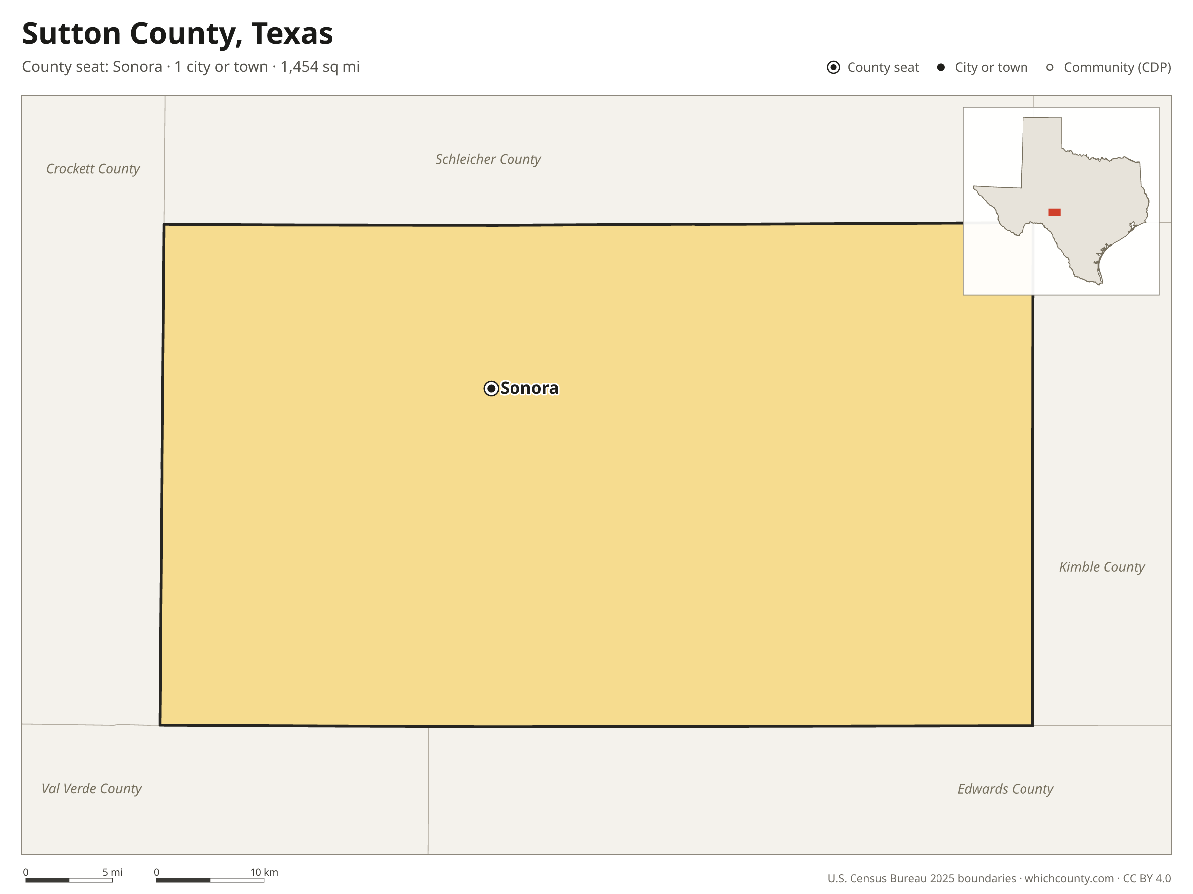 Map of Sutton County, Texas with cities, towns and the county boundary