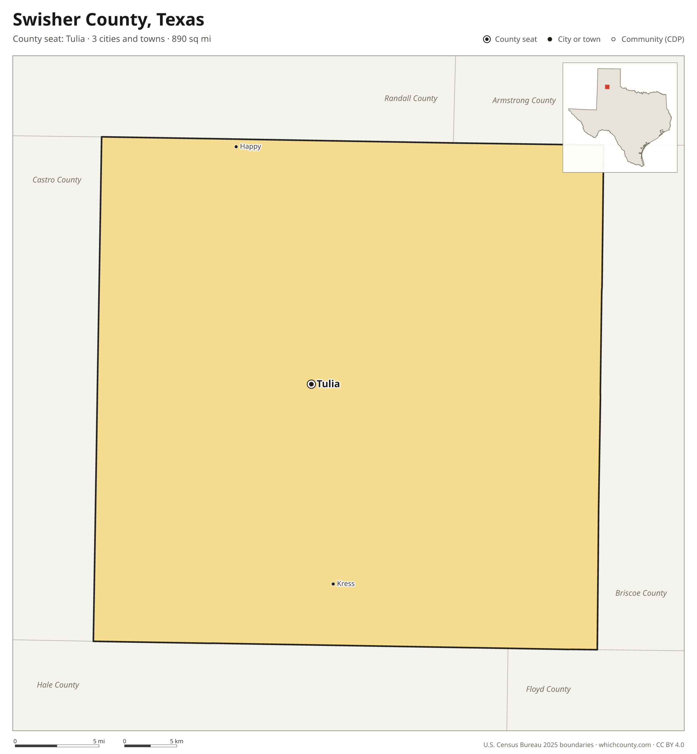 Map of Swisher County, Texas with cities, towns and the county boundary