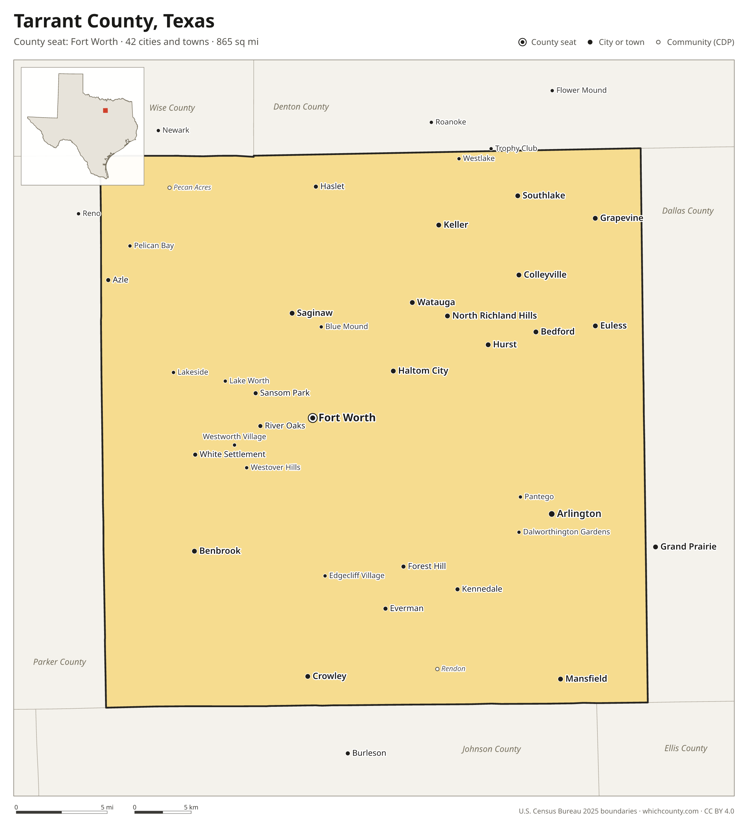 Map of Tarrant County, Texas with cities, towns and the county boundary