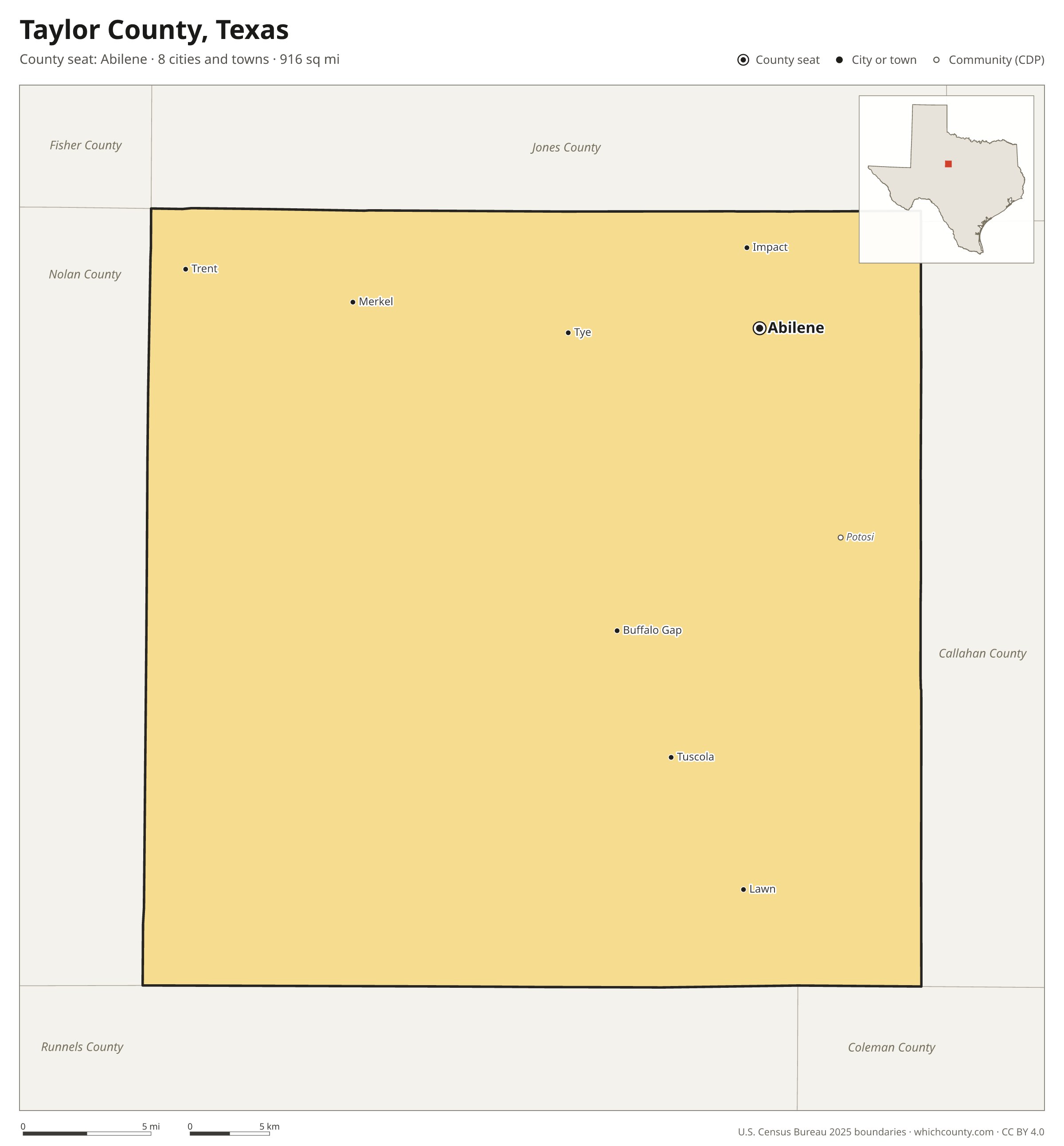 Map of Taylor County, Texas with cities, towns and the county boundary