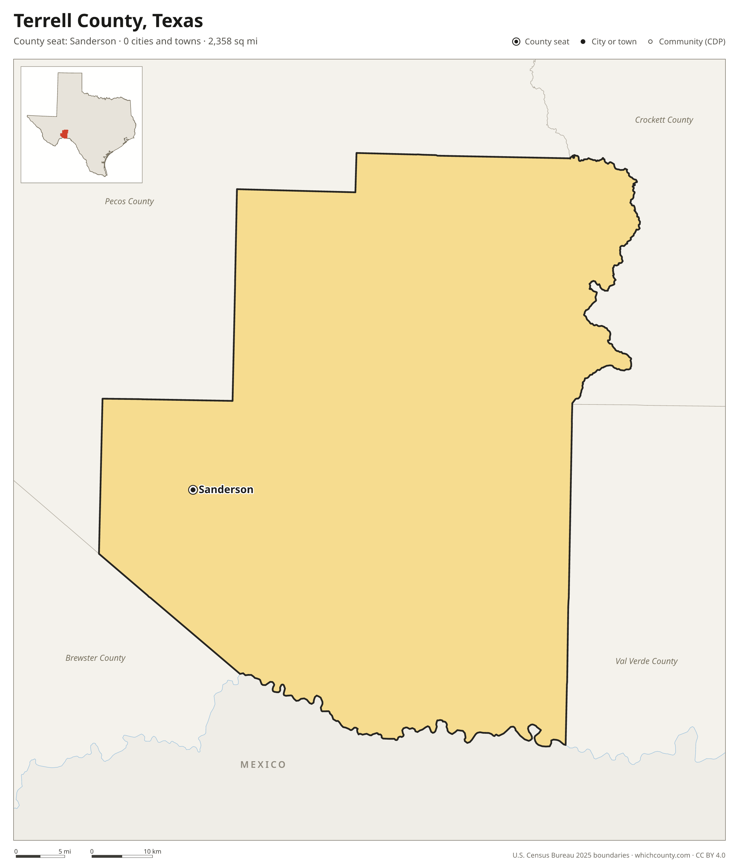 Map of Terrell County, Texas with cities, towns and the county boundary