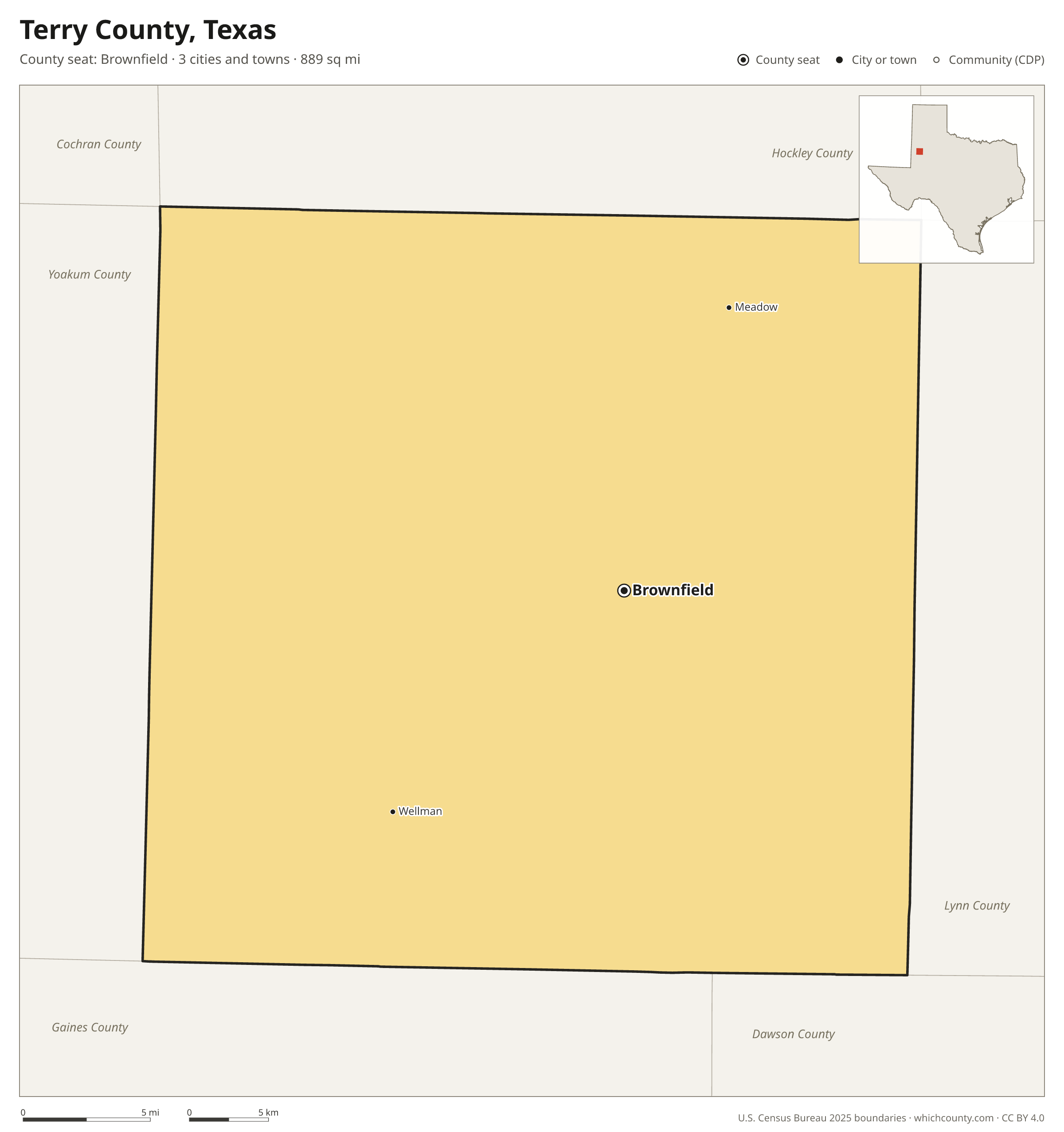 Map of Terry County, Texas with cities, towns and the county boundary