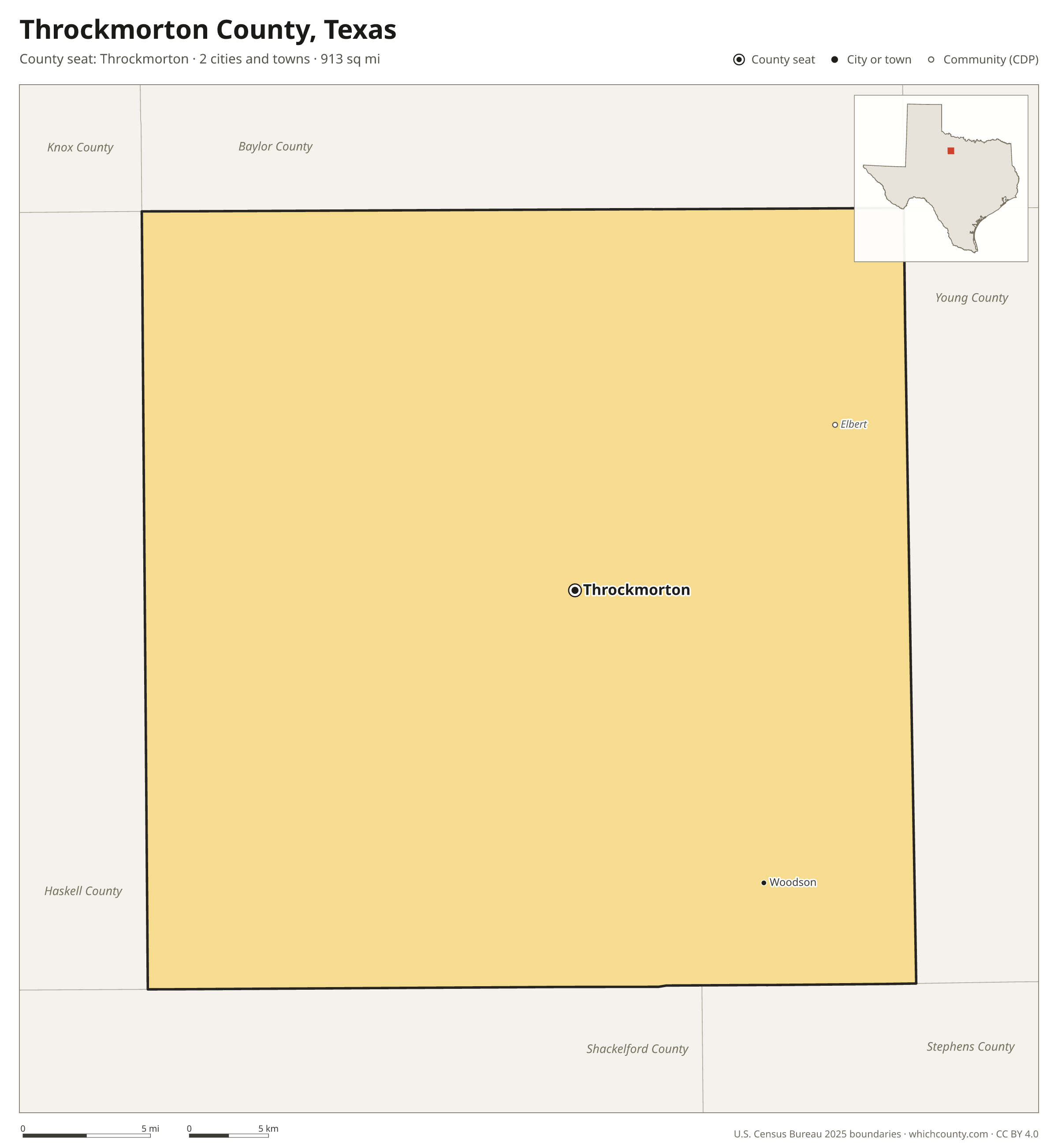 Map of Throckmorton County, Texas with cities, towns and the county boundary