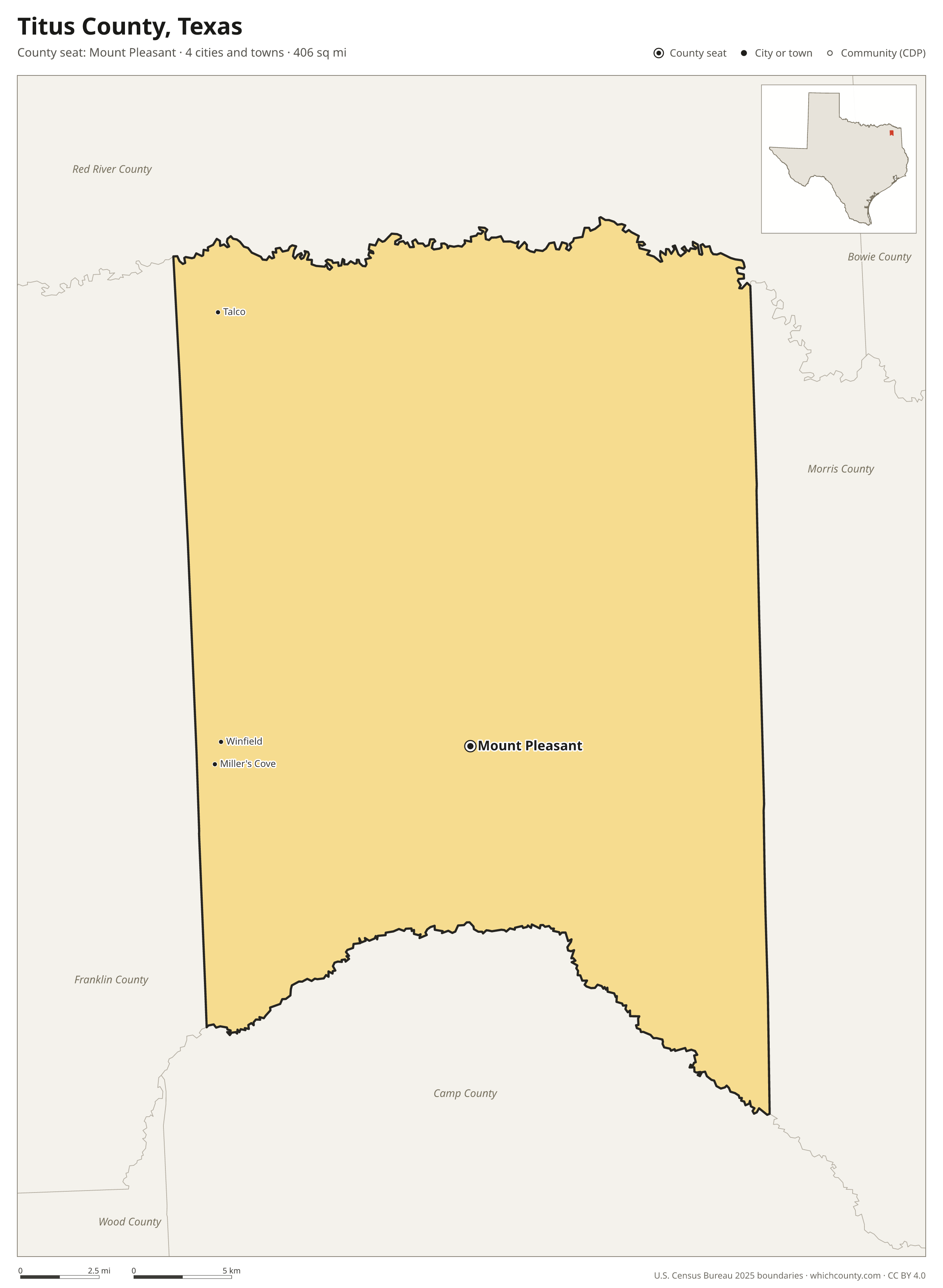 Map of Titus County, Texas with cities, towns and the county boundary