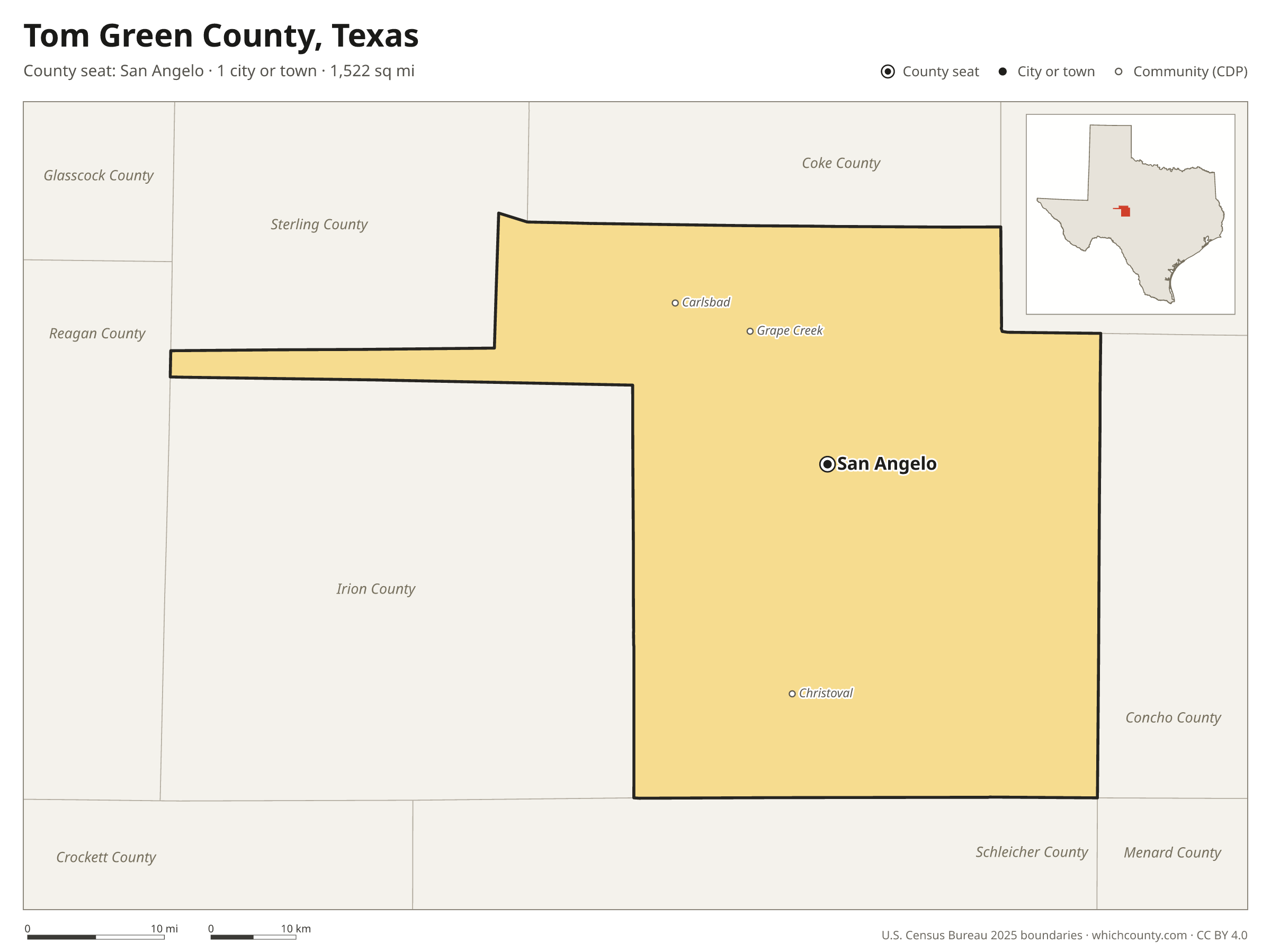 Map of Tom Green County, Texas with cities, towns and the county boundary