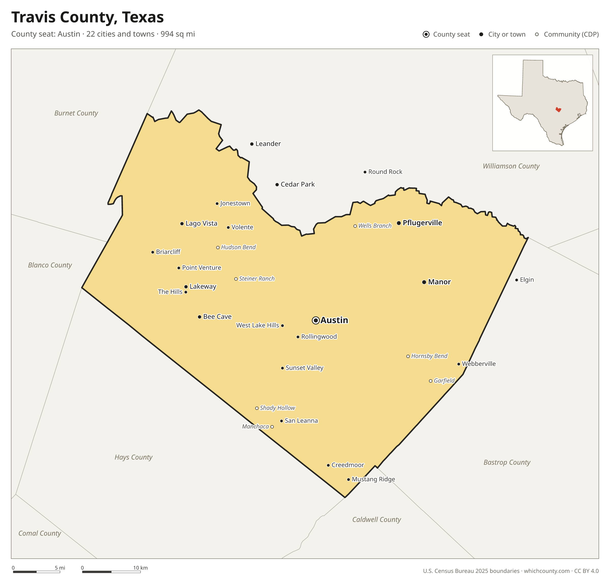 Map of Travis County, Texas with cities, towns and the county boundary