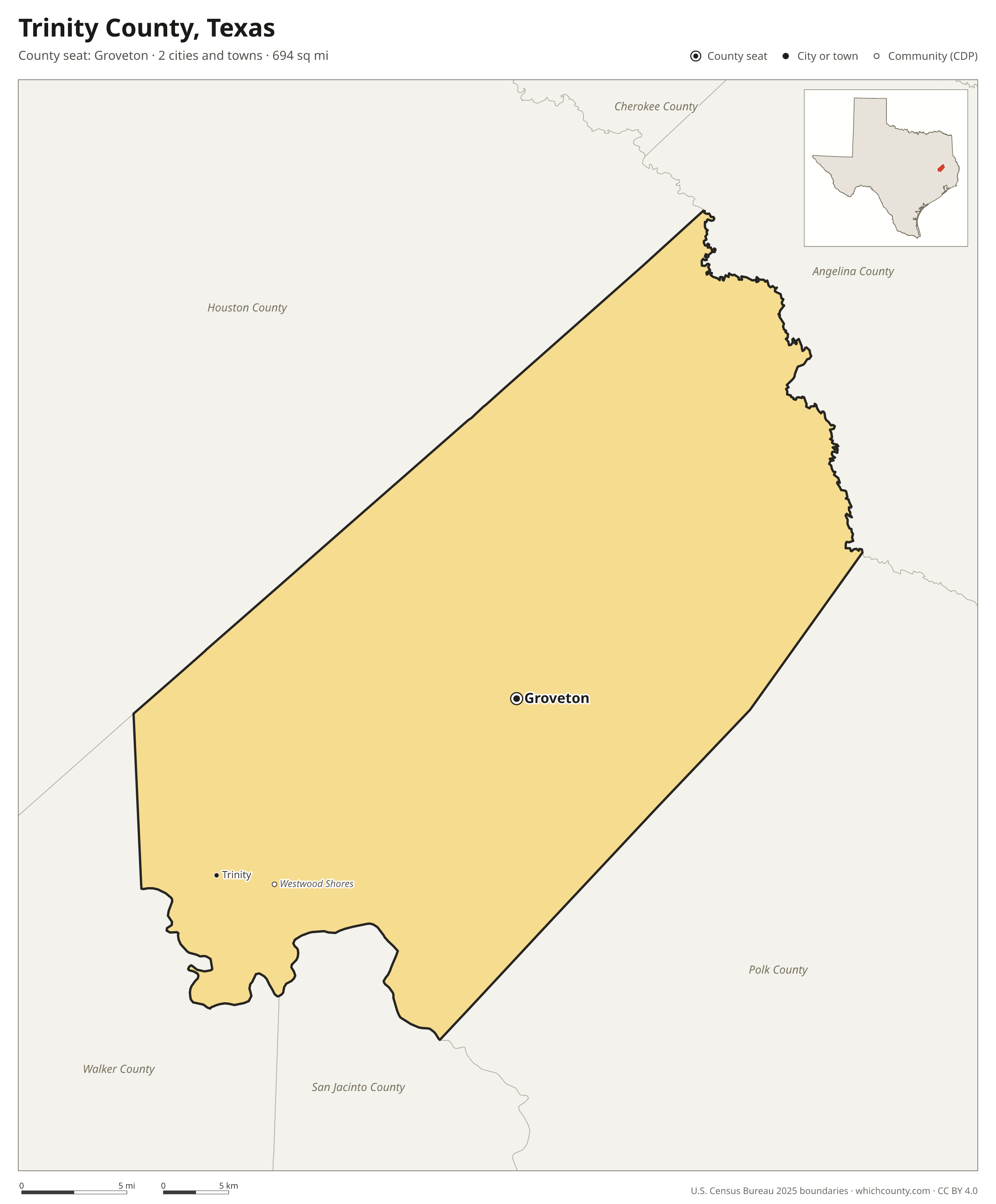 Map of Trinity County, Texas with cities, towns and the county boundary