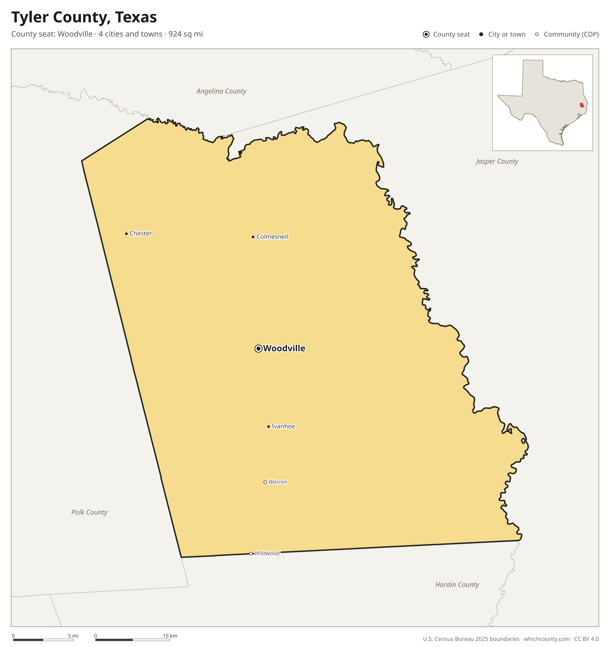 Map of Tyler County, Texas with cities, towns and the county boundary