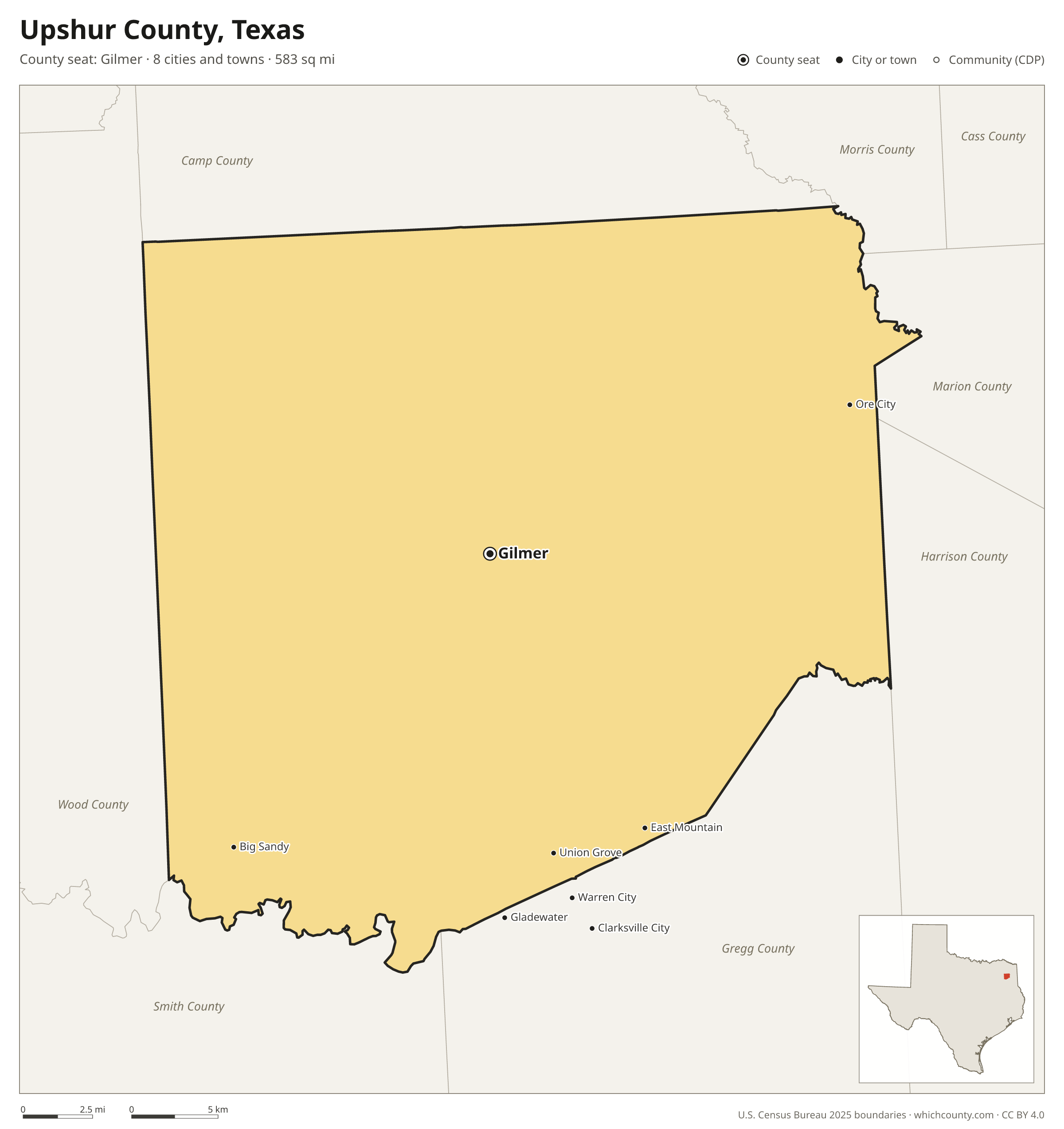 Map of Upshur County, Texas with cities, towns and the county boundary