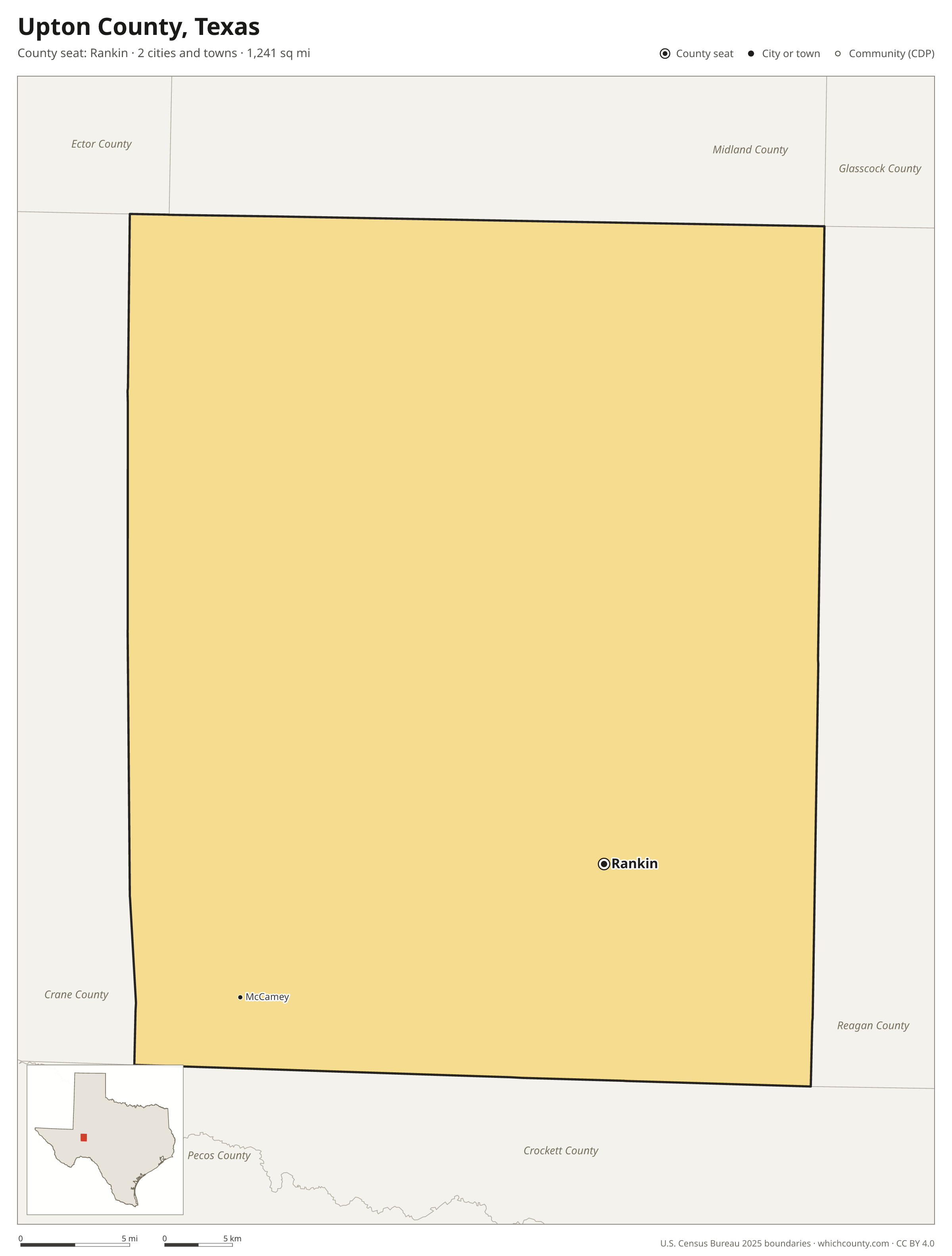 Map of Upton County, Texas with cities, towns and the county boundary