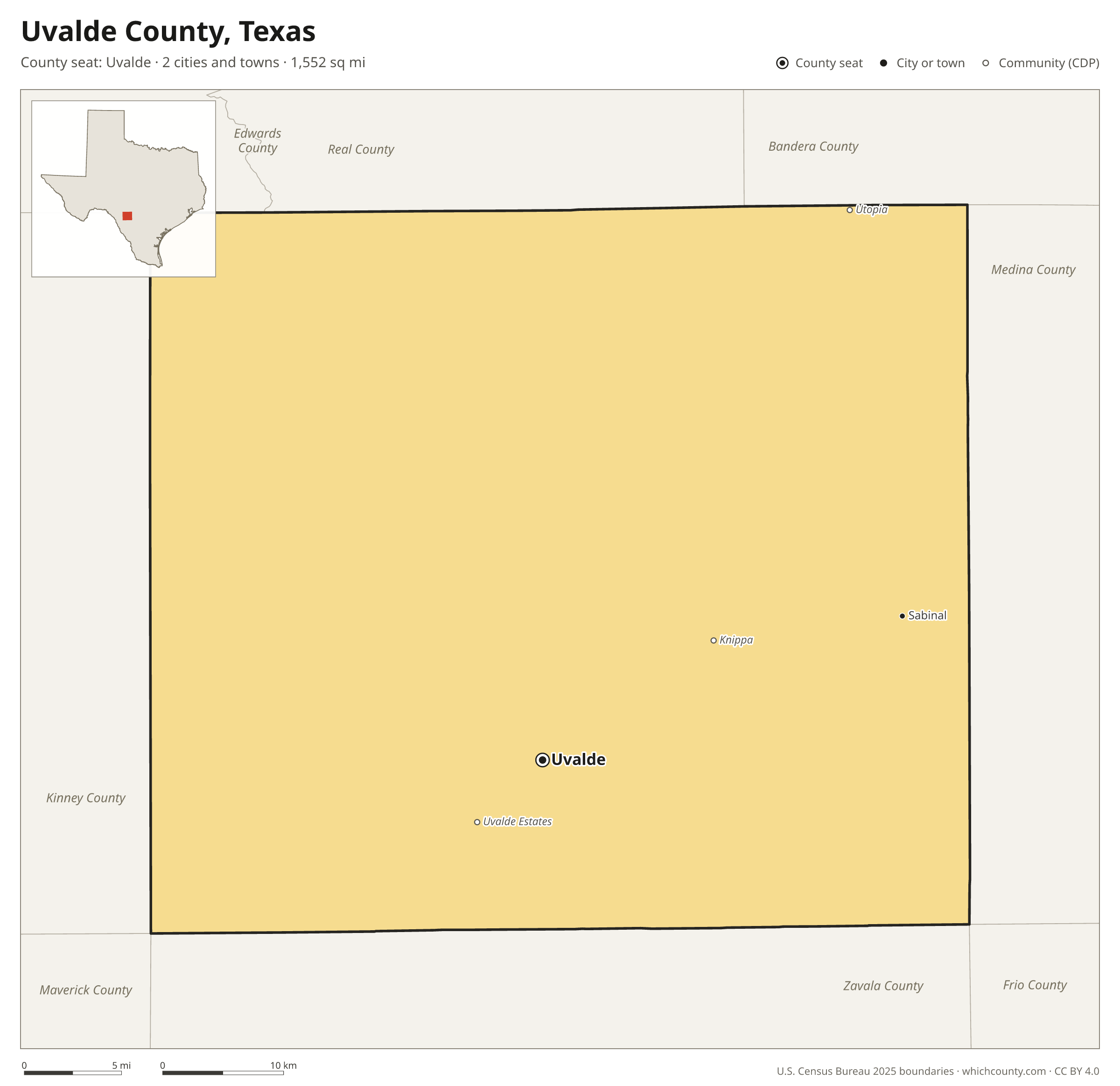 Map of Uvalde County, Texas with cities, towns and the county boundary