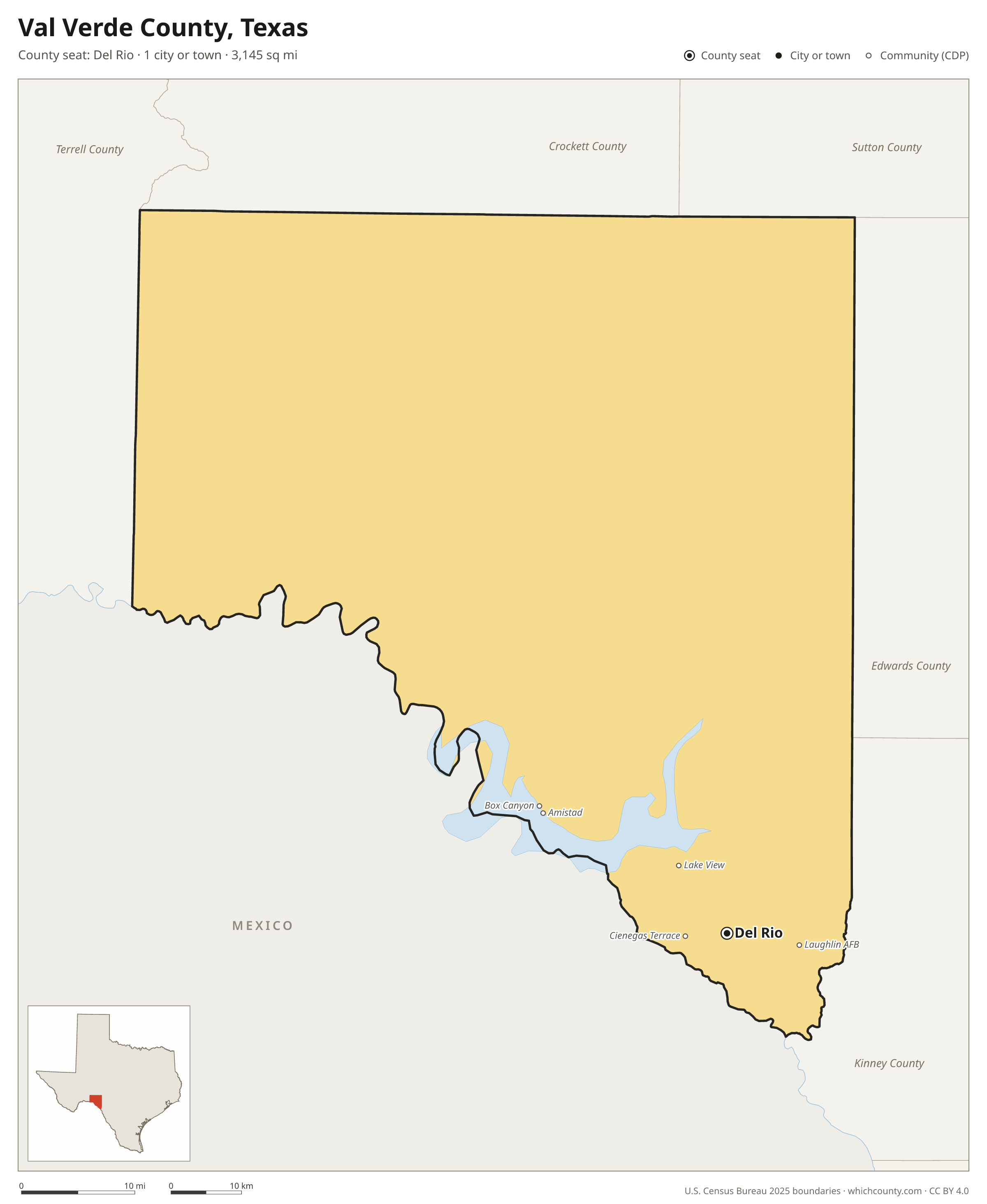 Map of Val Verde County, Texas with cities, towns and the county boundary