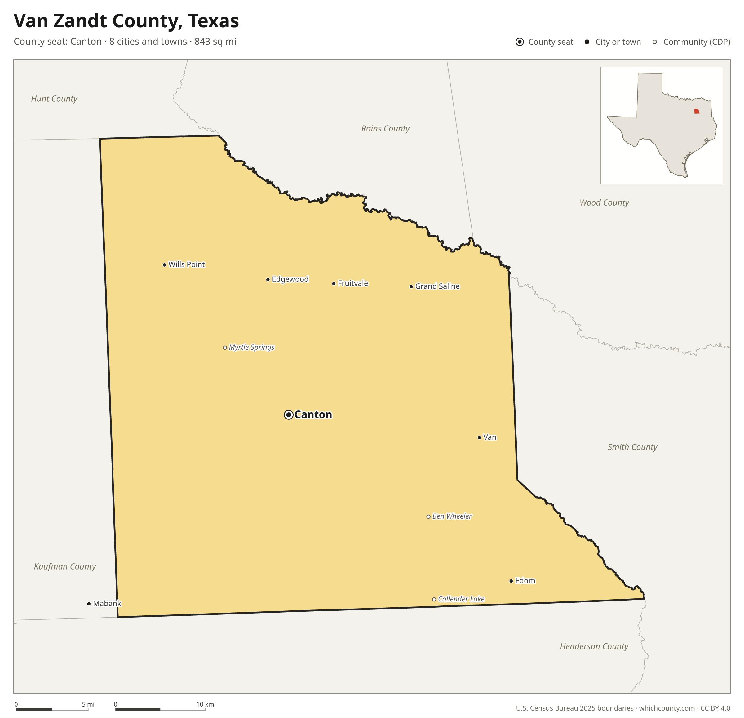 Map of Van Zandt County, Texas with cities, towns and the county boundary