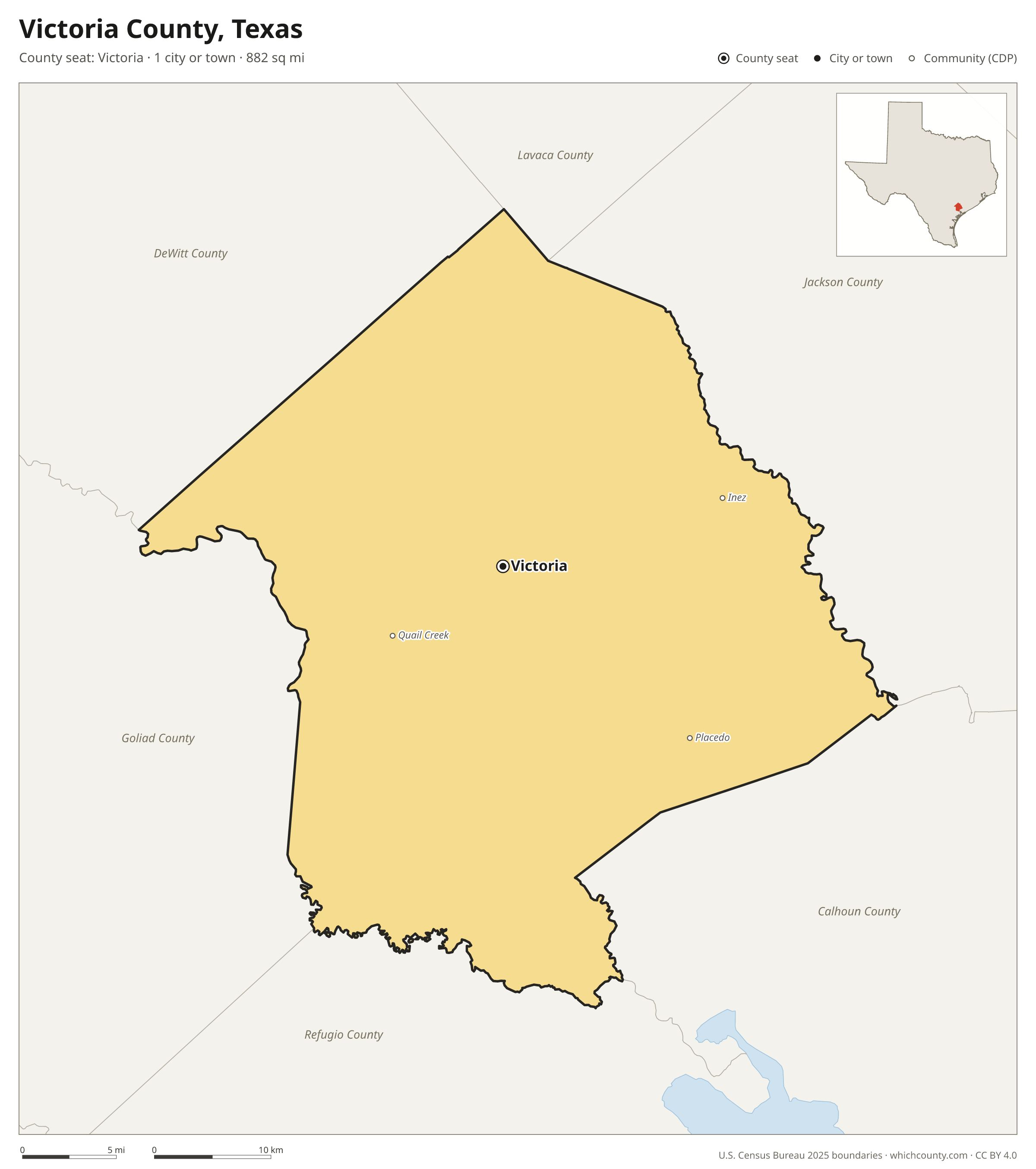 Map of Victoria County, Texas with cities, towns and the county boundary