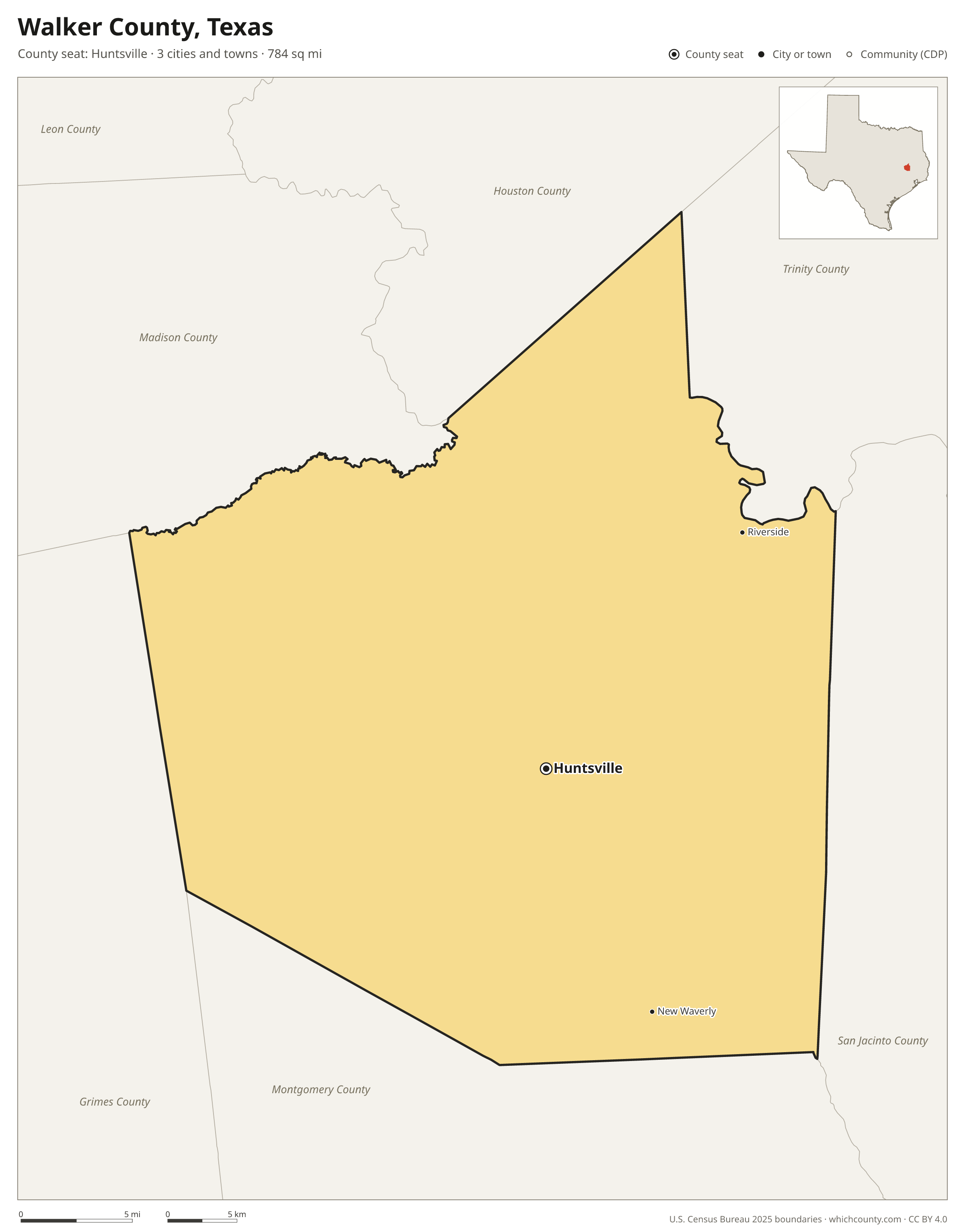 Map of Walker County, Texas with cities, towns and the county boundary