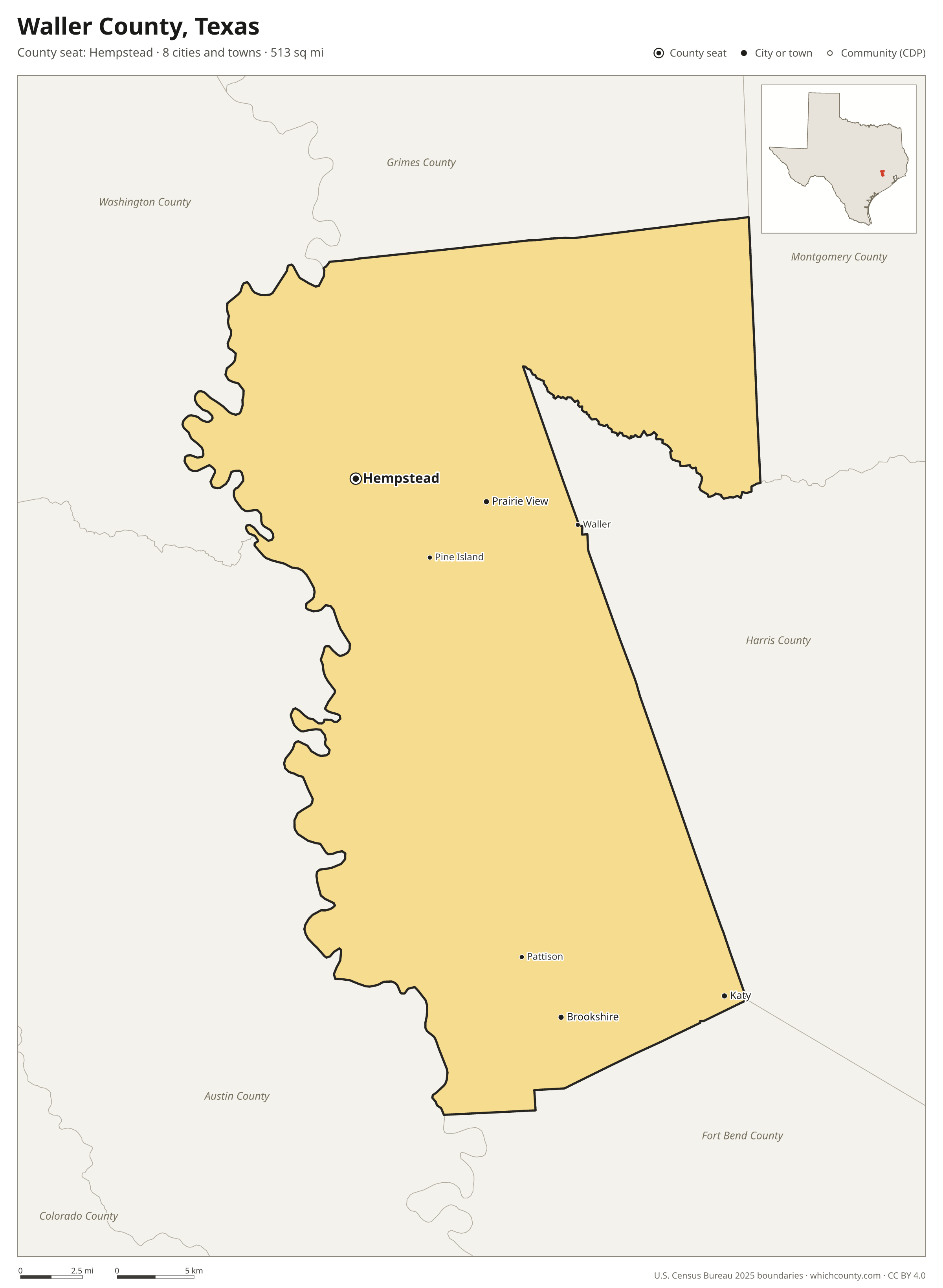 Map of Waller County, Texas with cities, towns and the county boundary