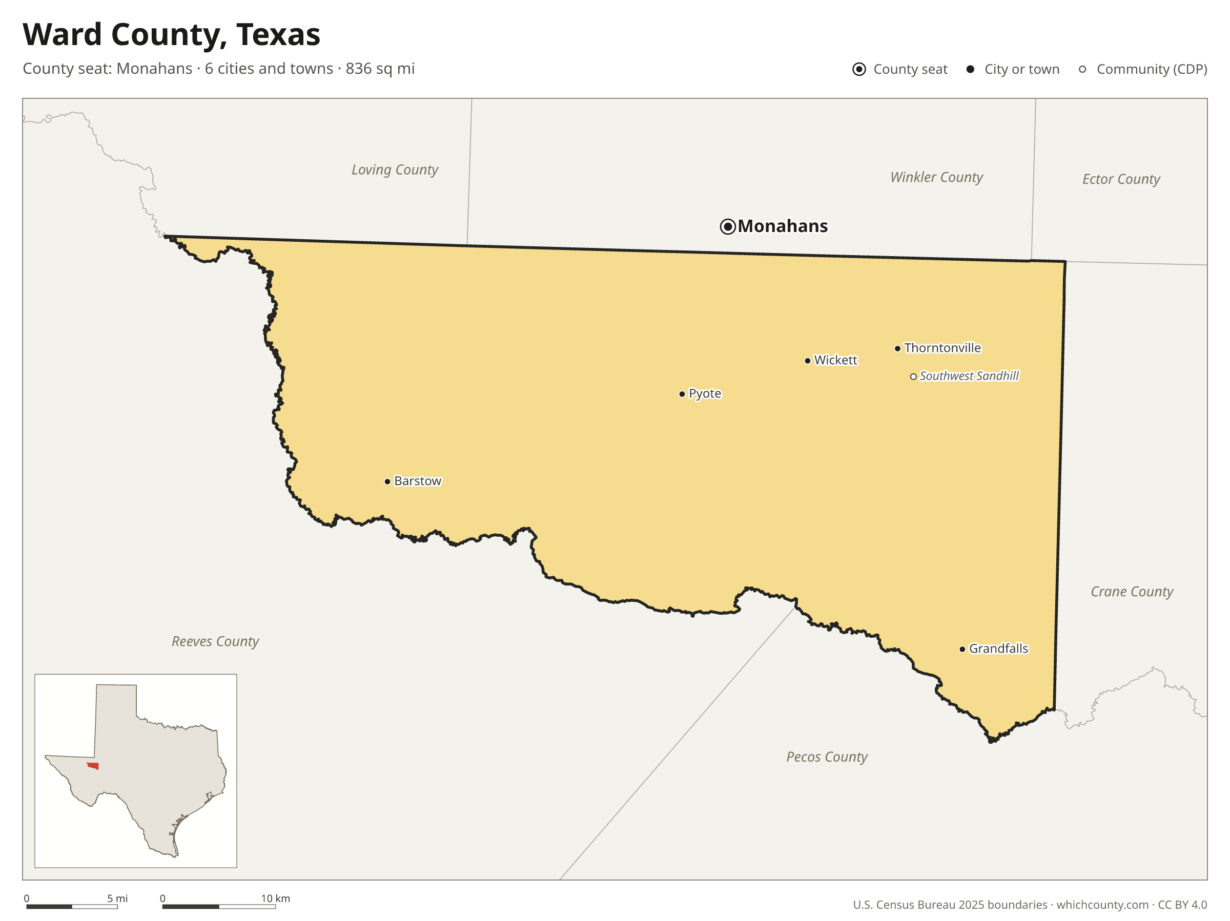 Map of Ward County, Texas with cities, towns and the county boundary