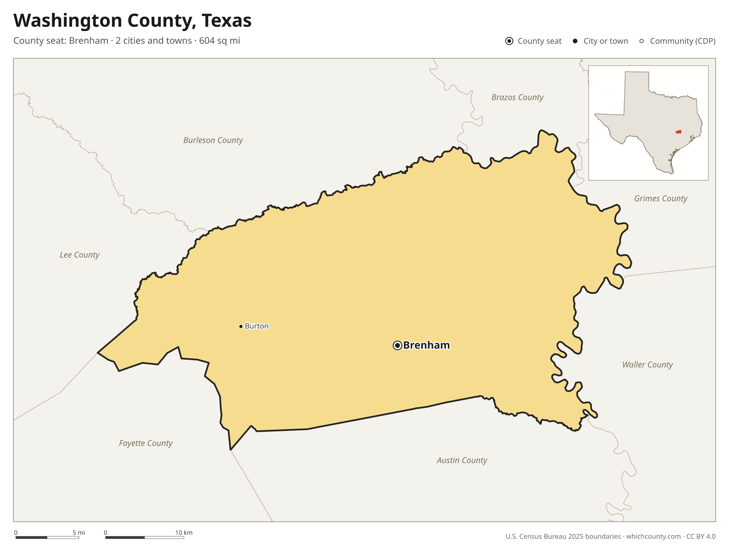 Map of Washington County, Texas with cities, towns and the county boundary
