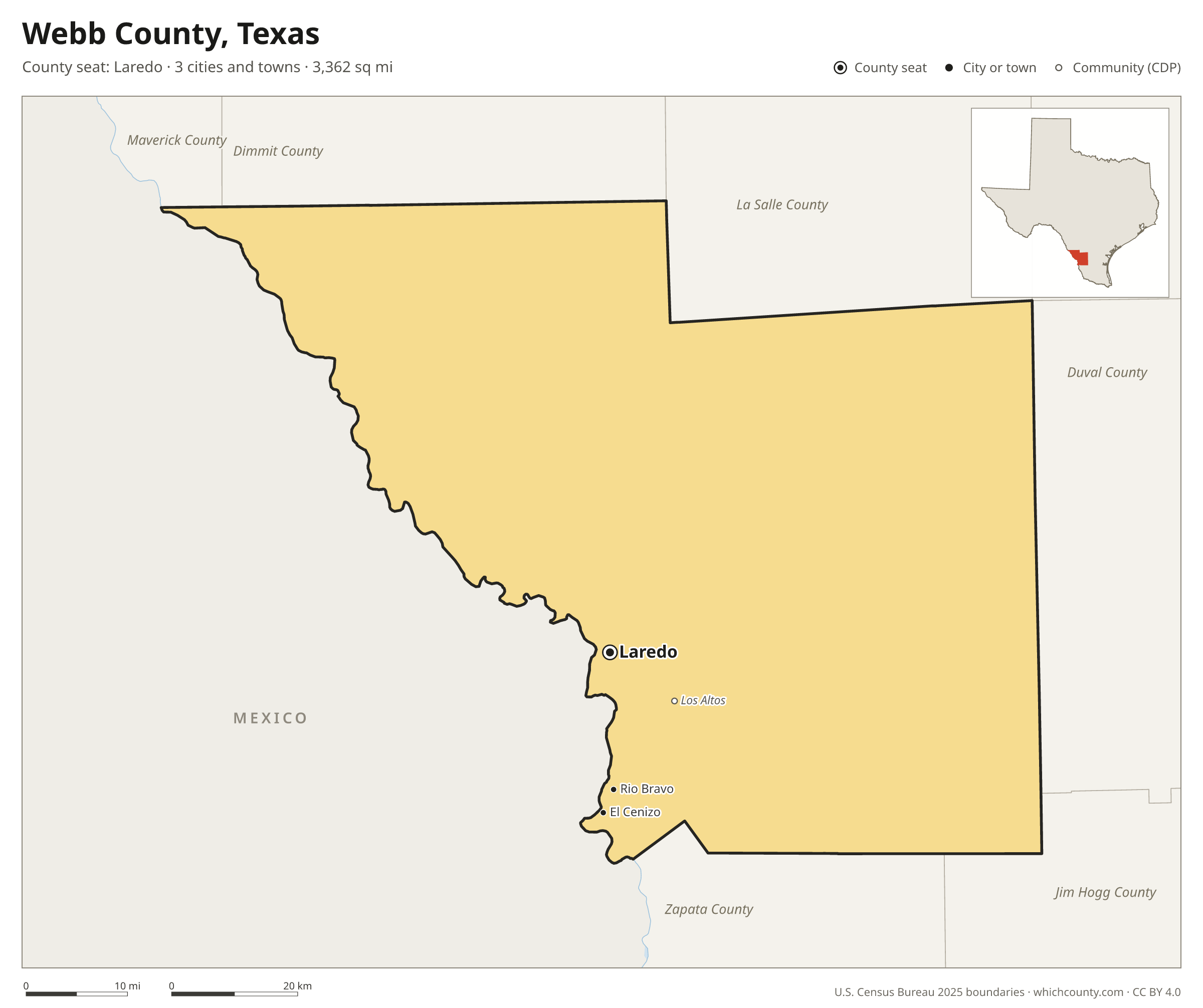 Map of Webb County, Texas with cities, towns and the county boundary