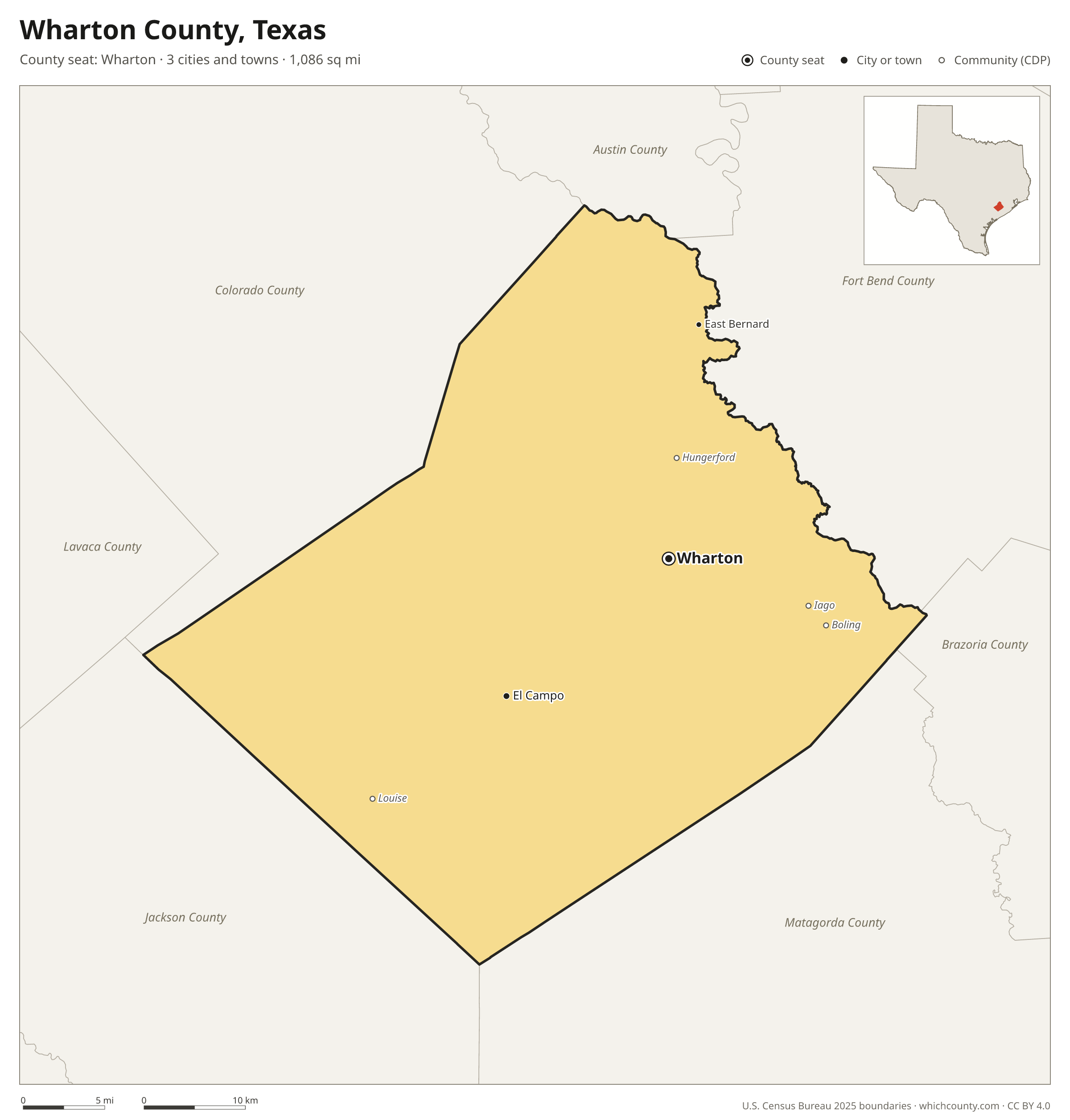 Map of Wharton County, Texas with cities, towns and the county boundary