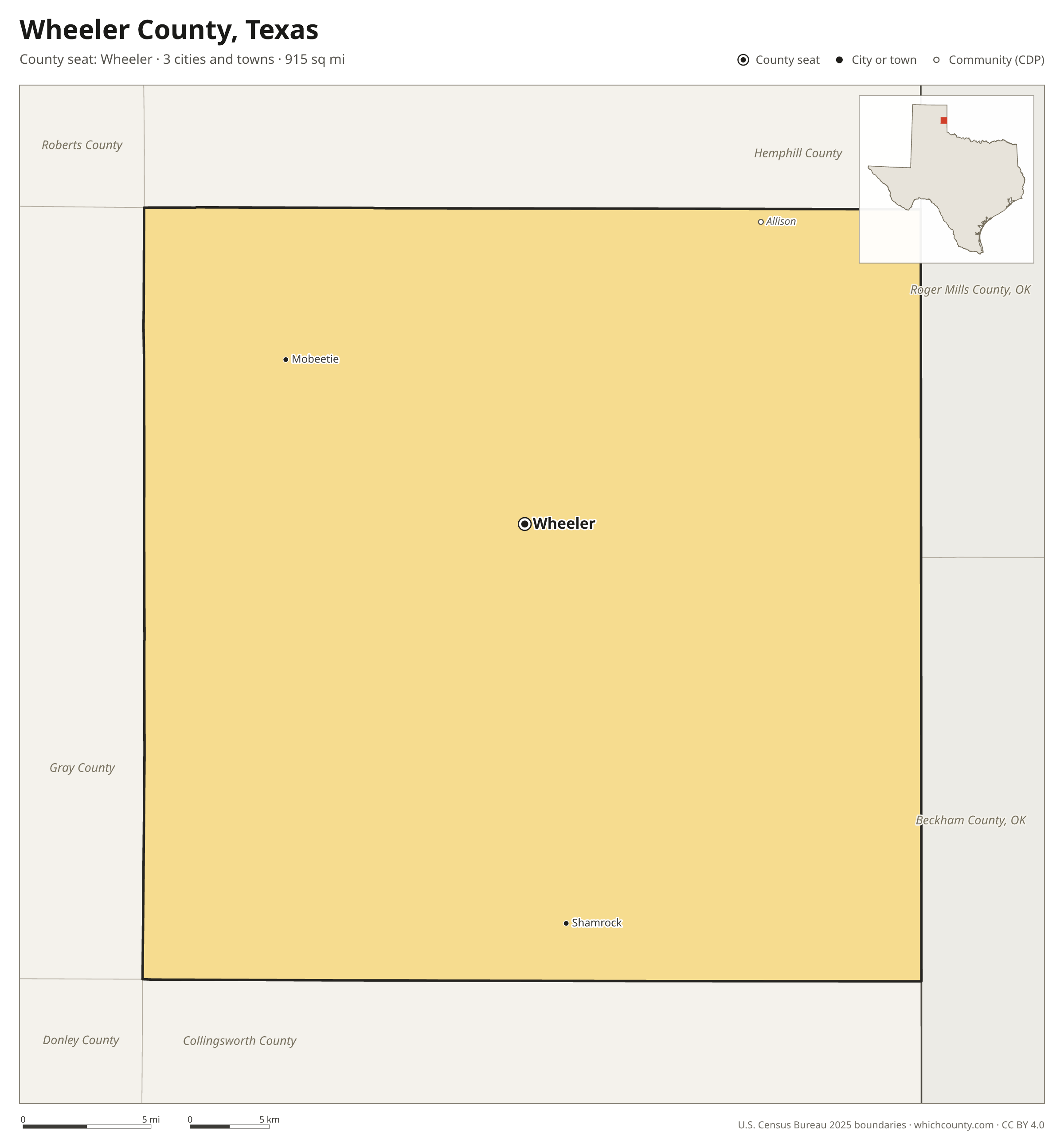 Map of Wheeler County, Texas with cities, towns and the county boundary