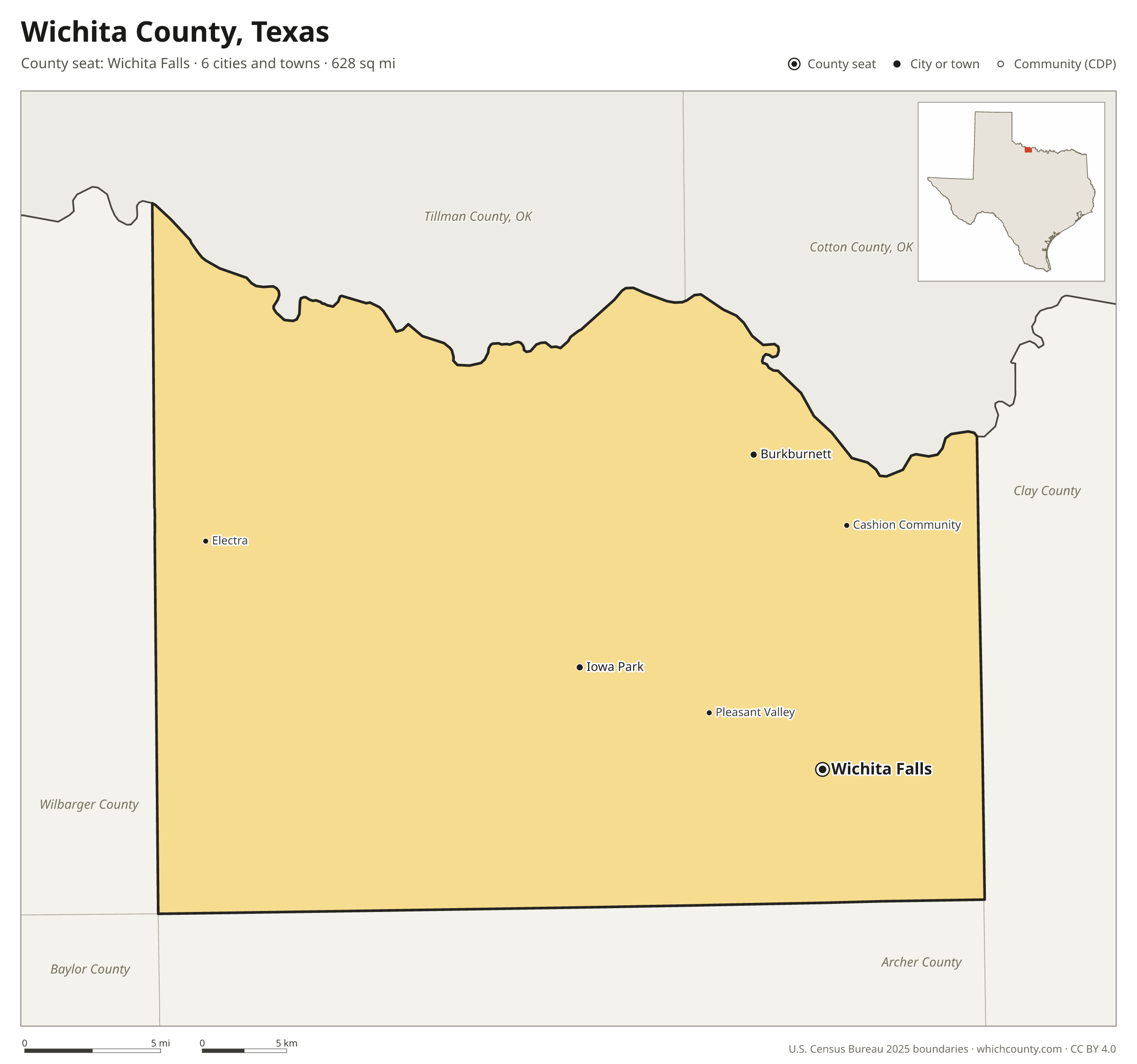Map of Wichita County, Texas with cities, towns and the county boundary