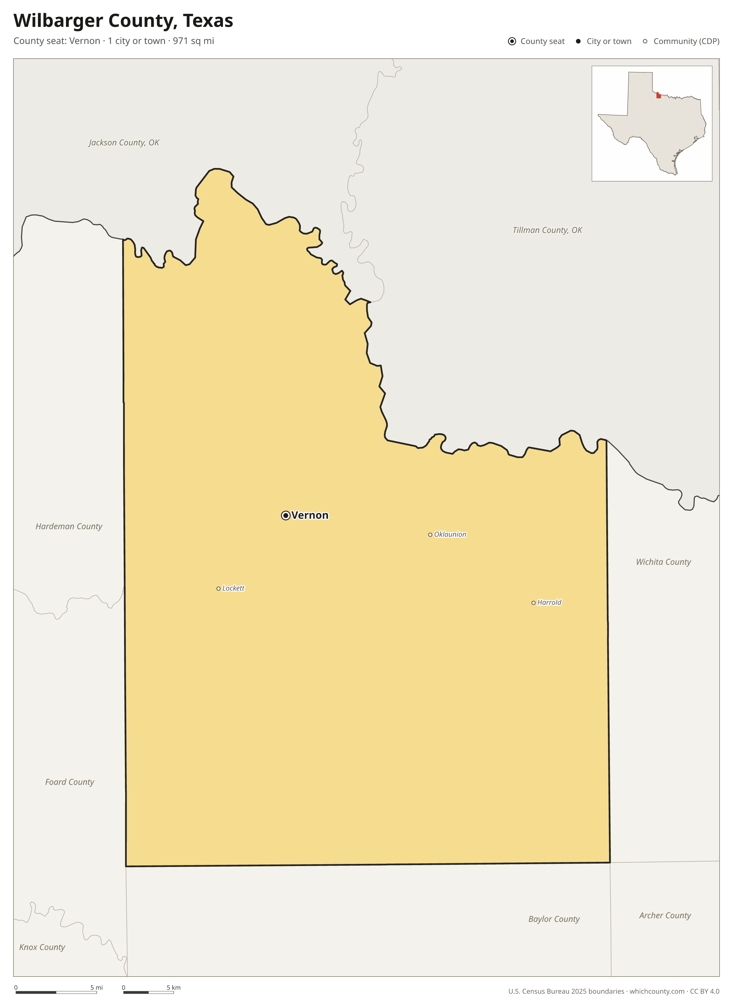 Map of Wilbarger County, Texas with cities, towns and the county boundary