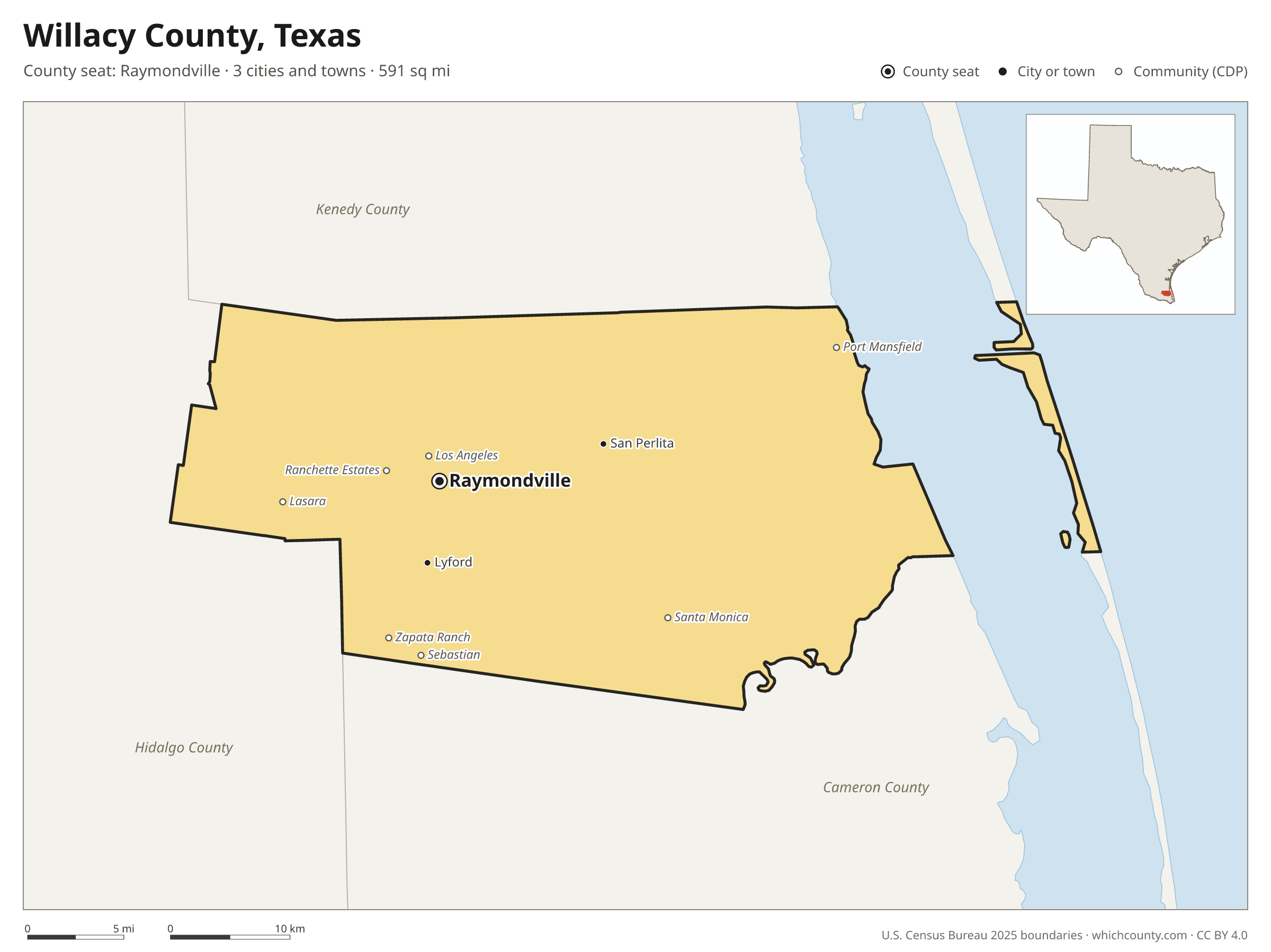 Map of Willacy County, Texas with cities, towns and the county boundary