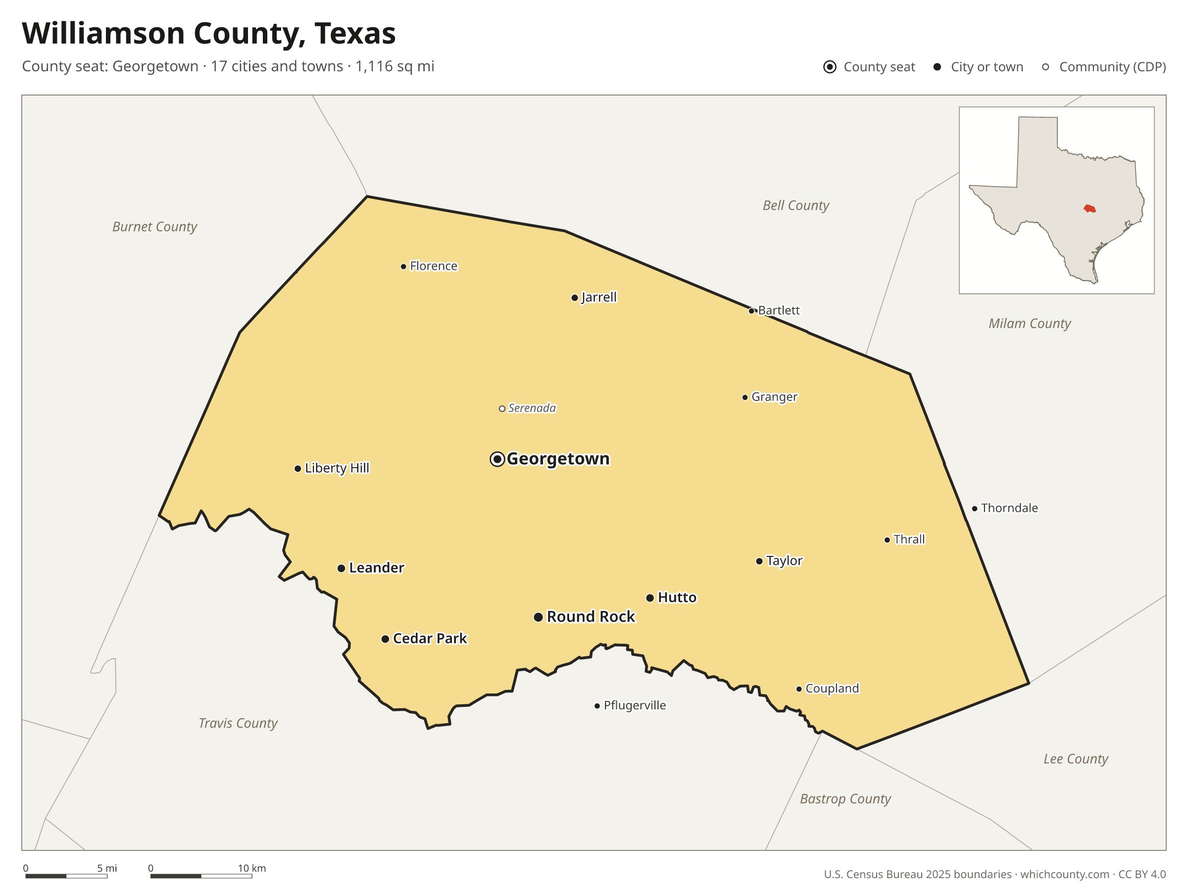 Map of Williamson County, Texas with cities, towns and the county boundary