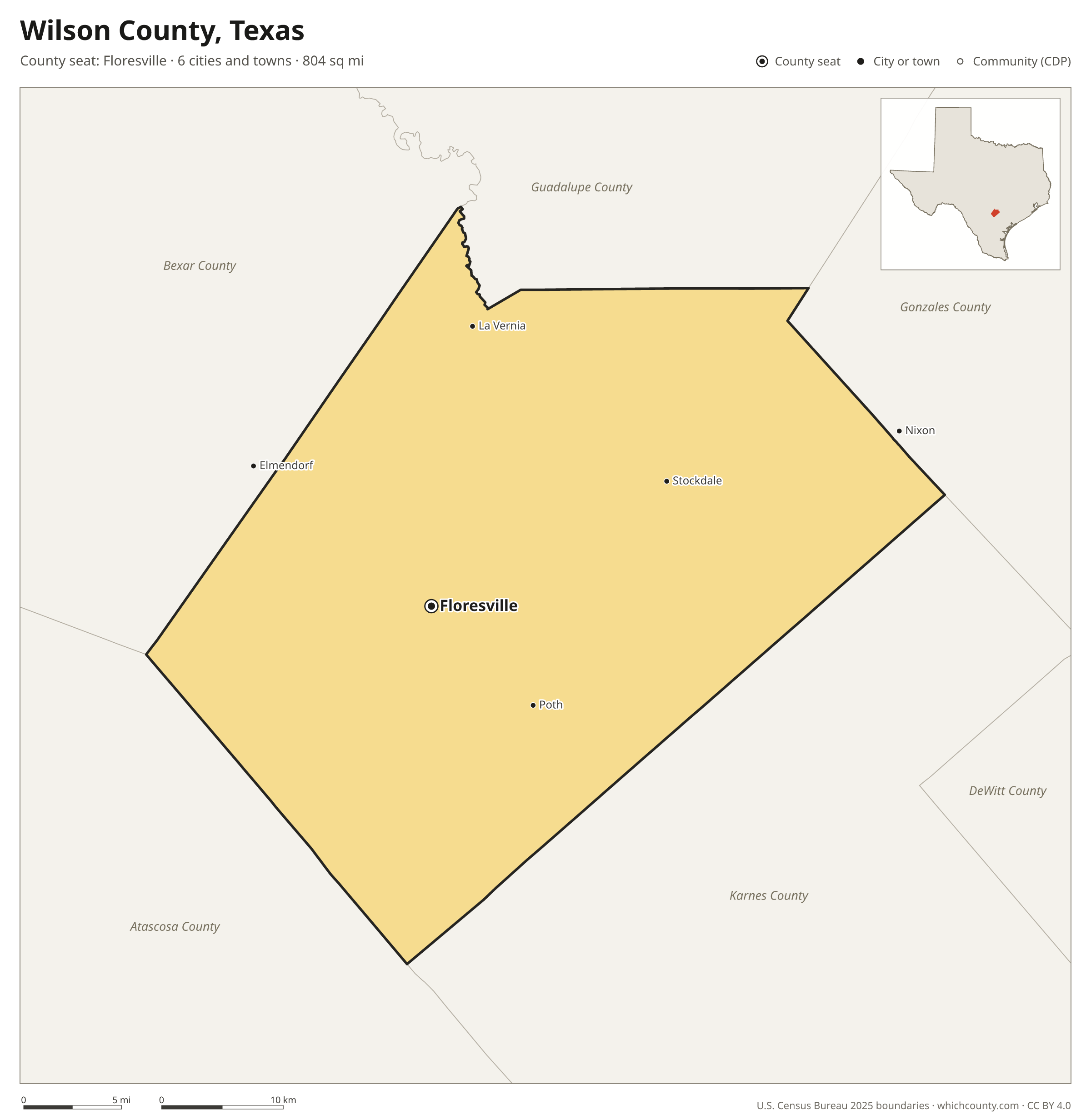 Map of Wilson County, Texas with cities, towns and the county boundary