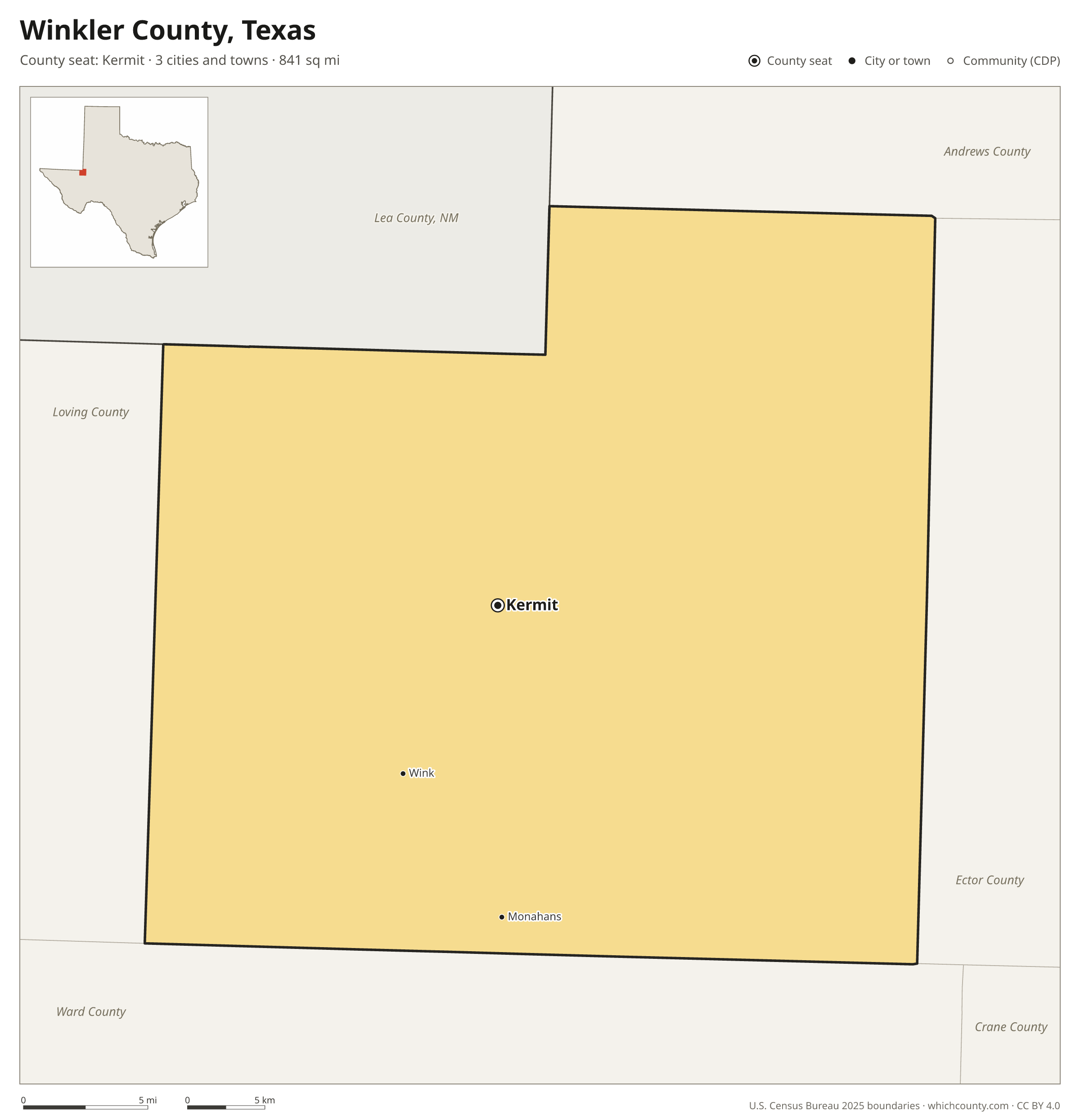 Map of Winkler County, Texas with cities, towns and the county boundary
