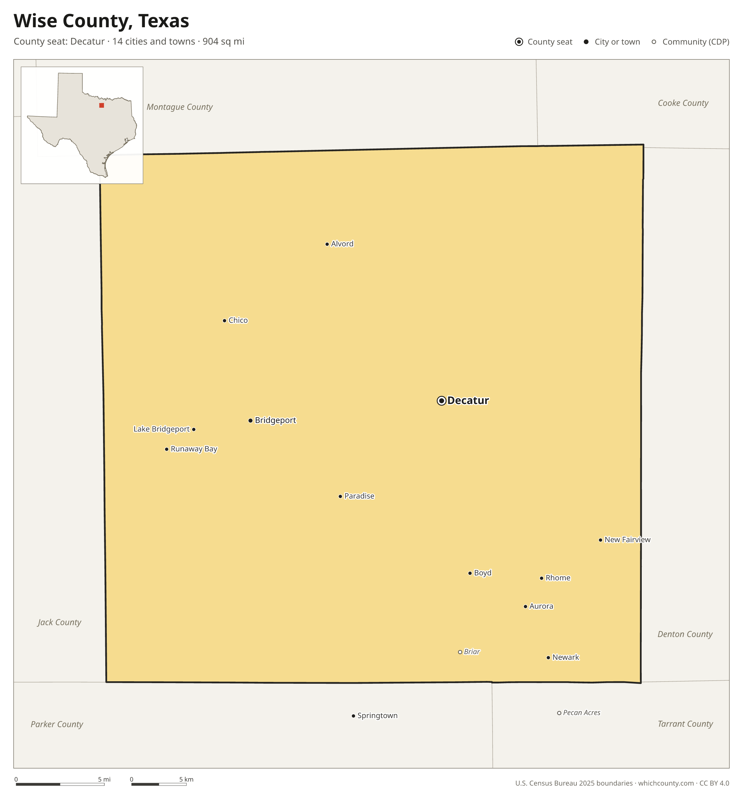 Map of Wise County, Texas with cities, towns and the county boundary