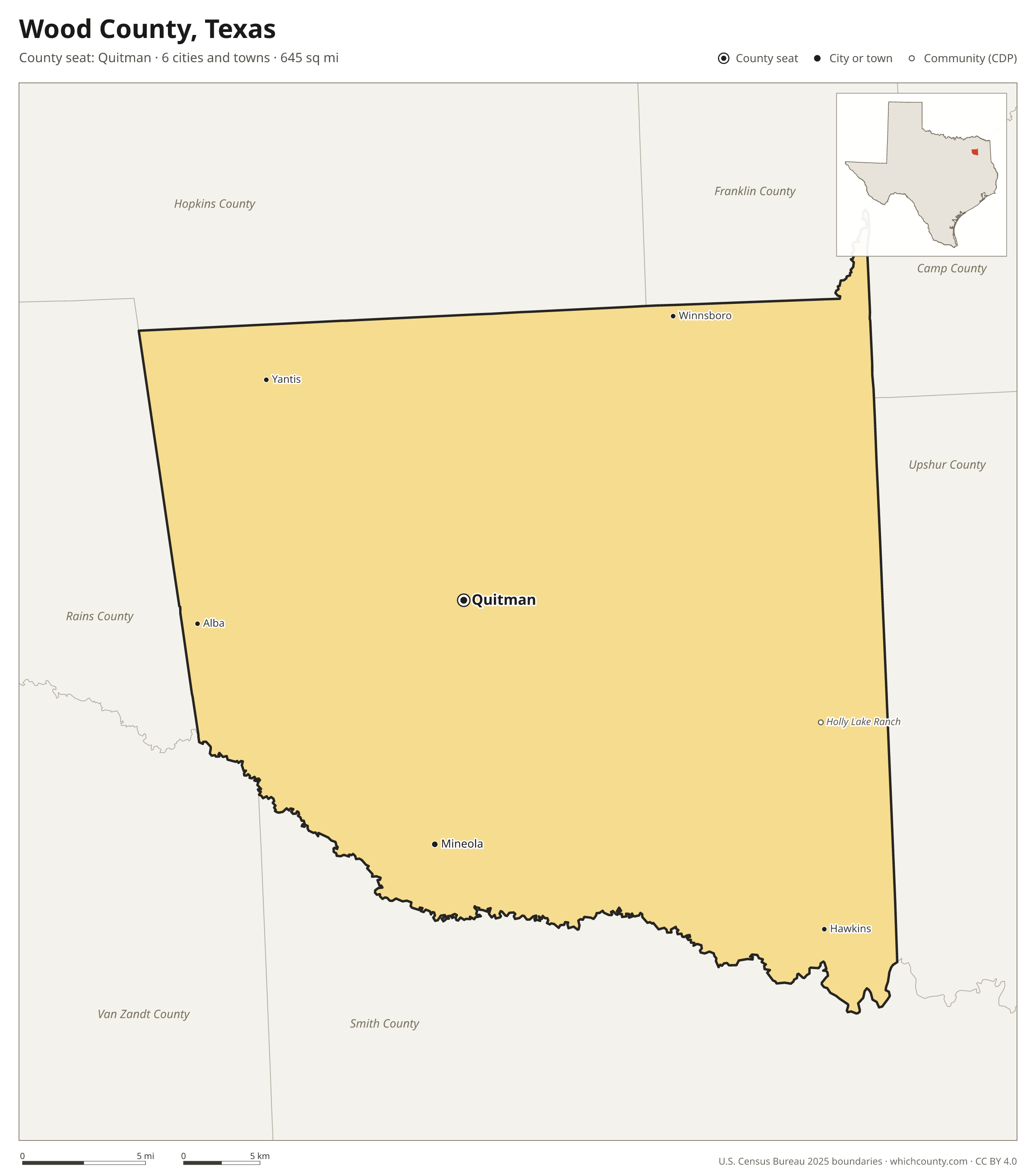 Map of Wood County, Texas with cities, towns and the county boundary