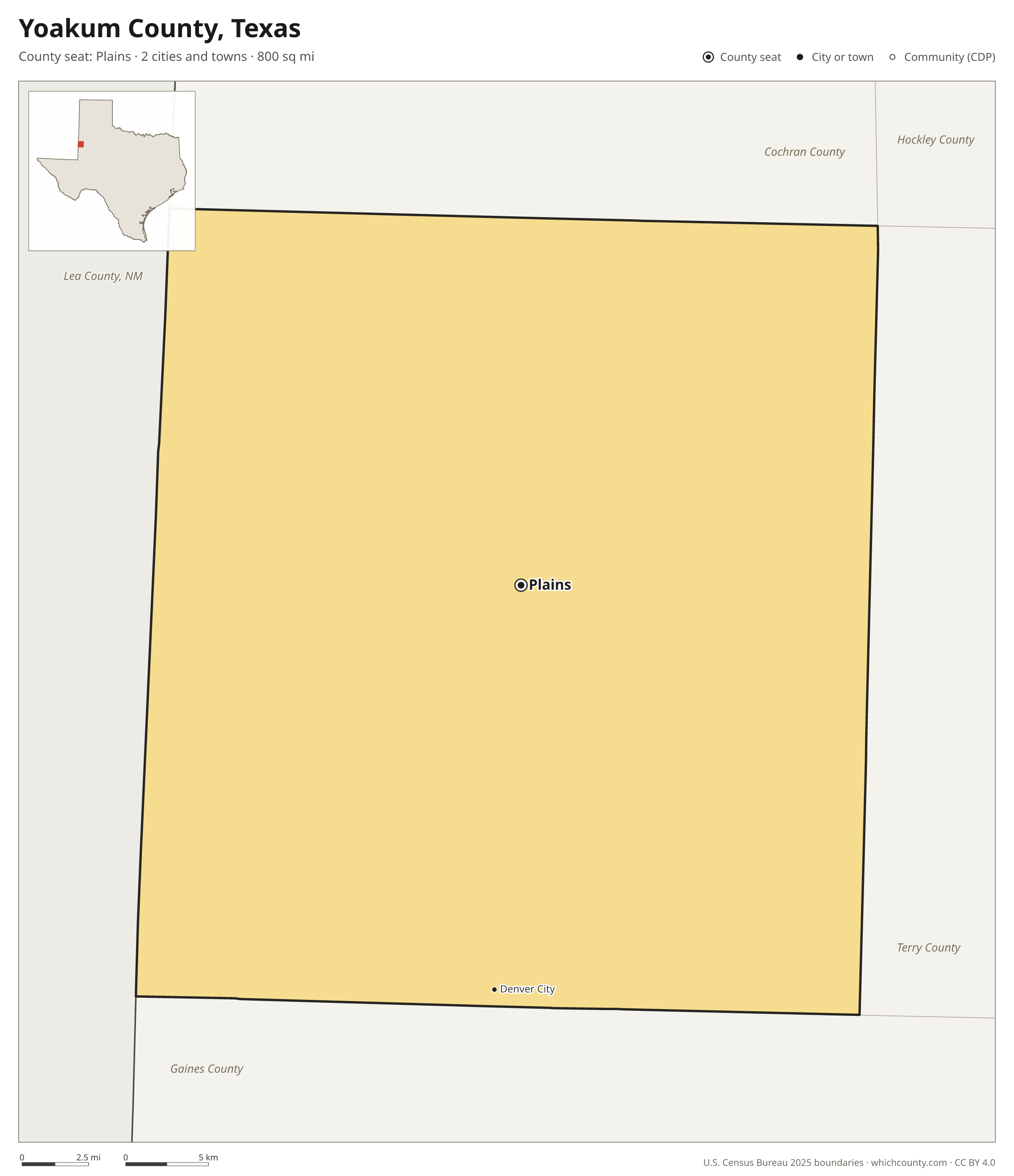 Map of Yoakum County, Texas with cities, towns and the county boundary