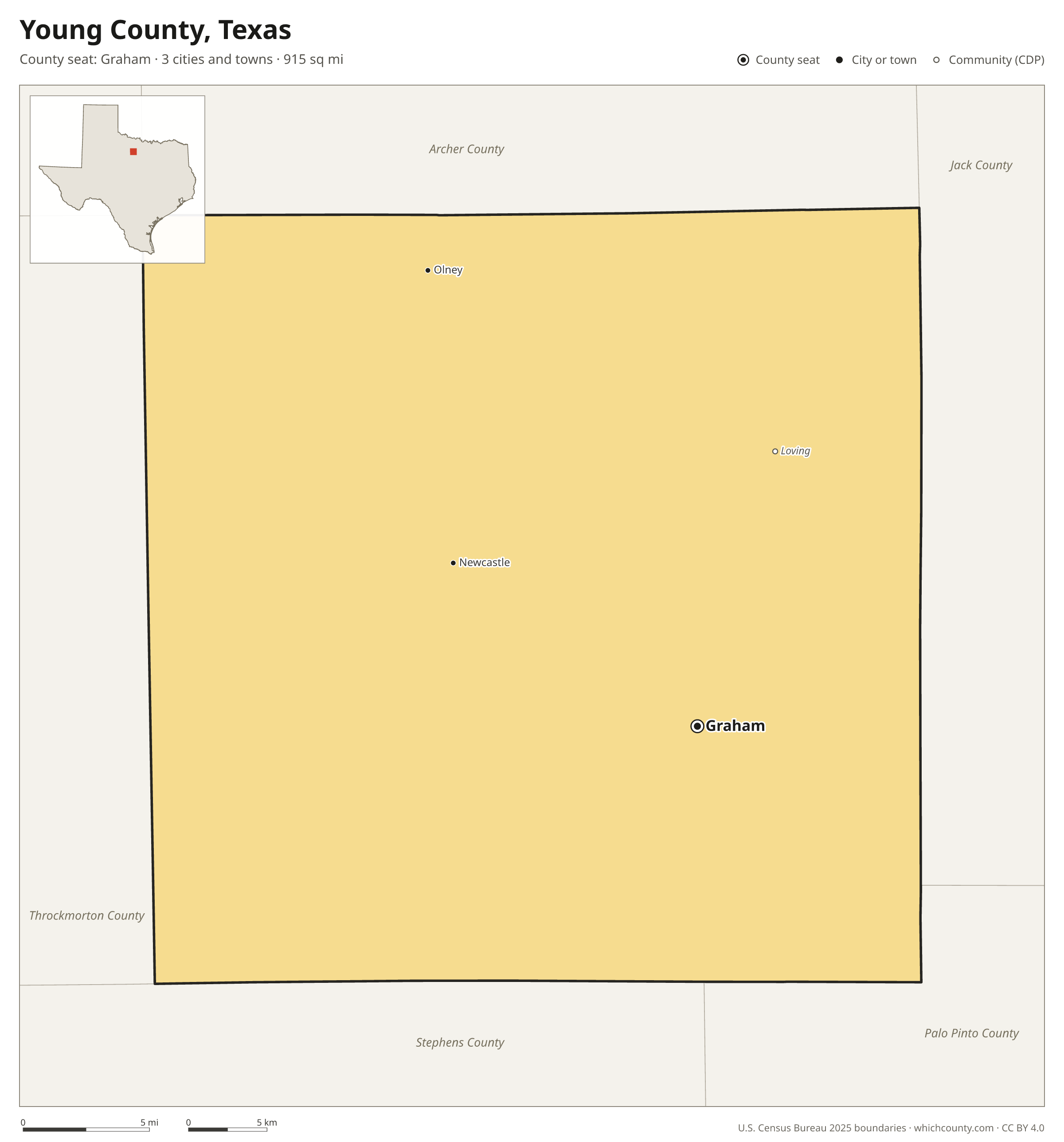 Map of Young County, Texas with cities, towns and the county boundary