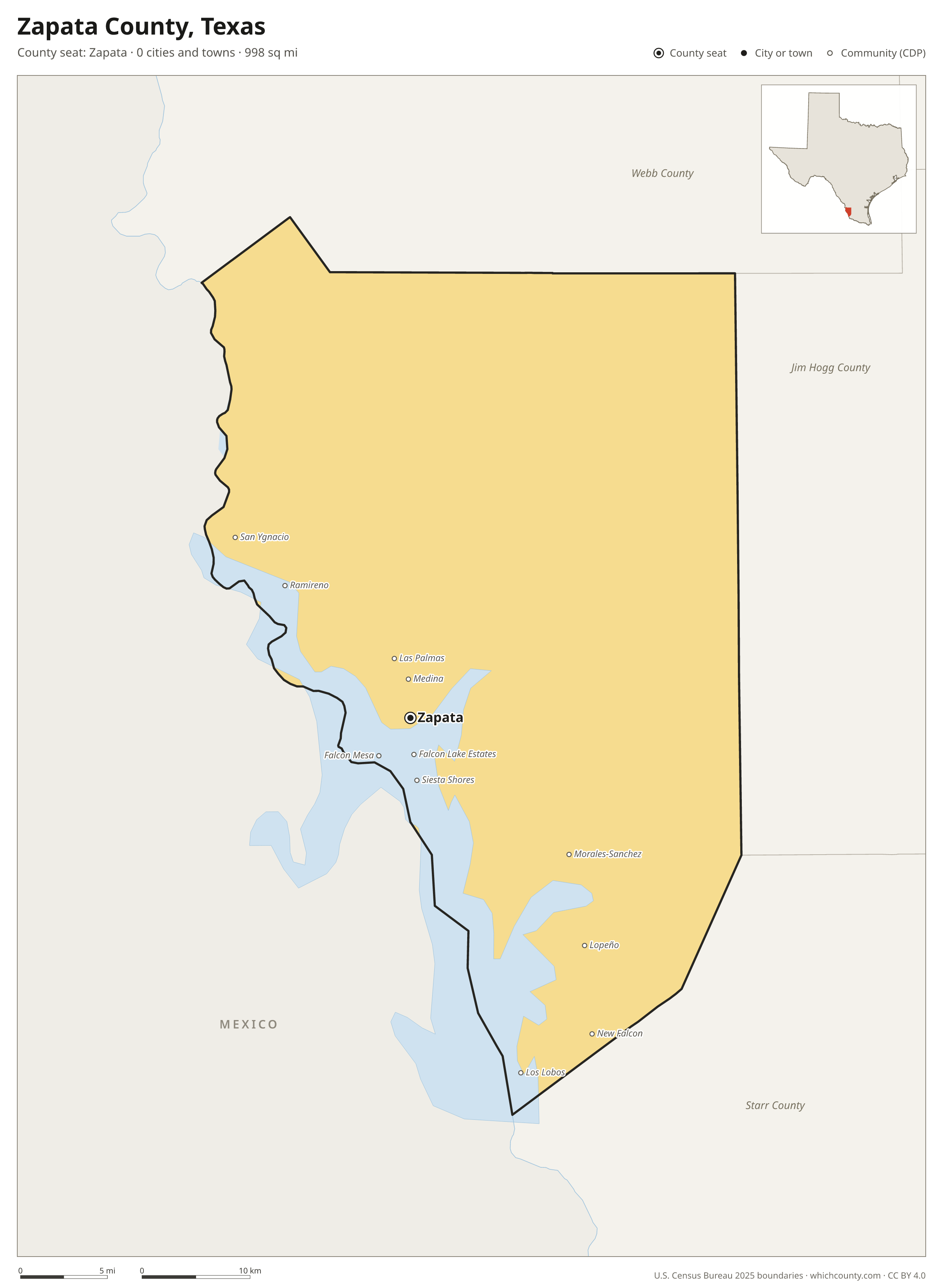 Map of Zapata County, Texas with cities, towns and the county boundary