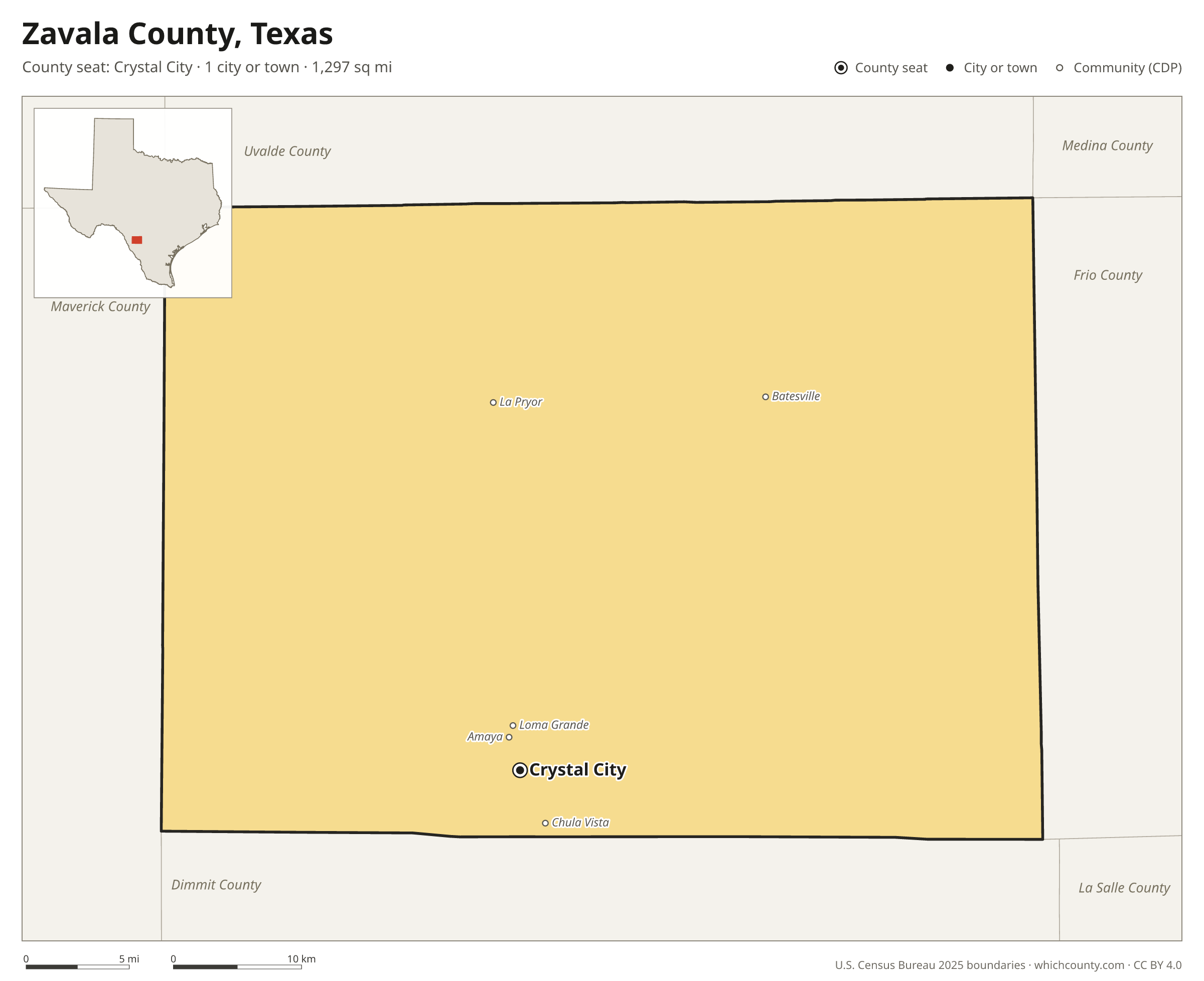 Map of Zavala County, Texas with cities, towns and the county boundary