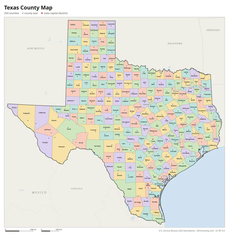 Texas county map with all 254 counties labeled