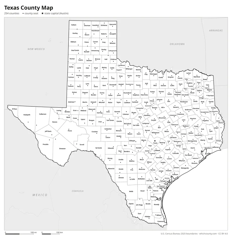 Black and white Texas county map