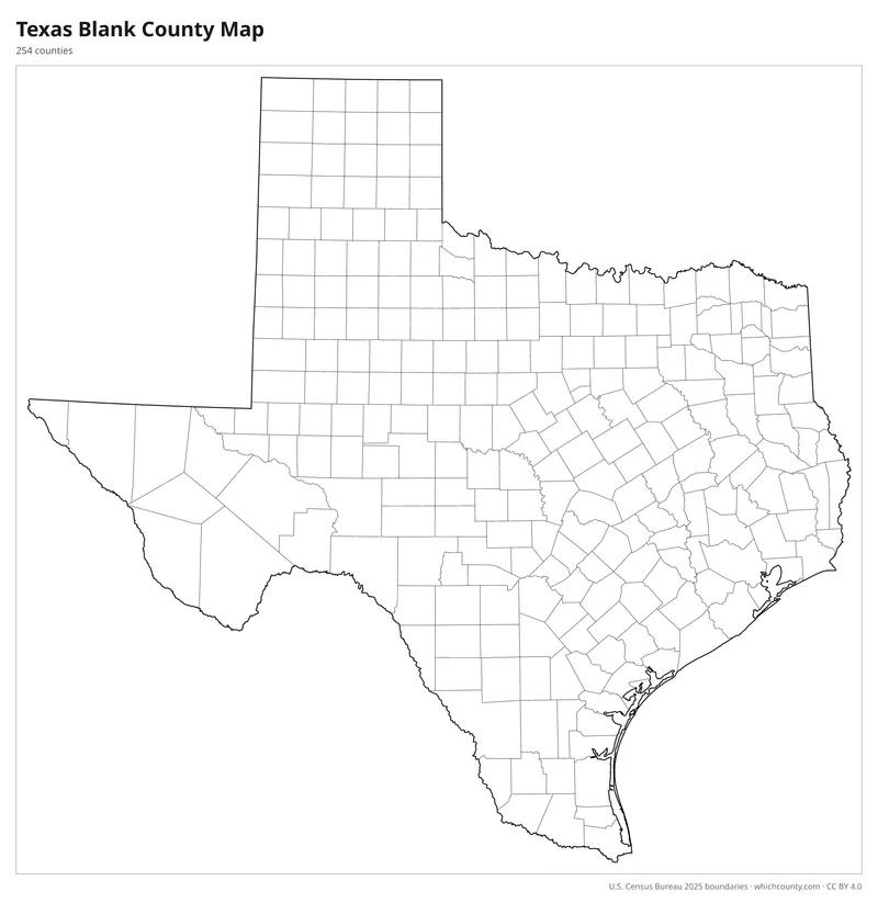 Blank outline map of Texas counties