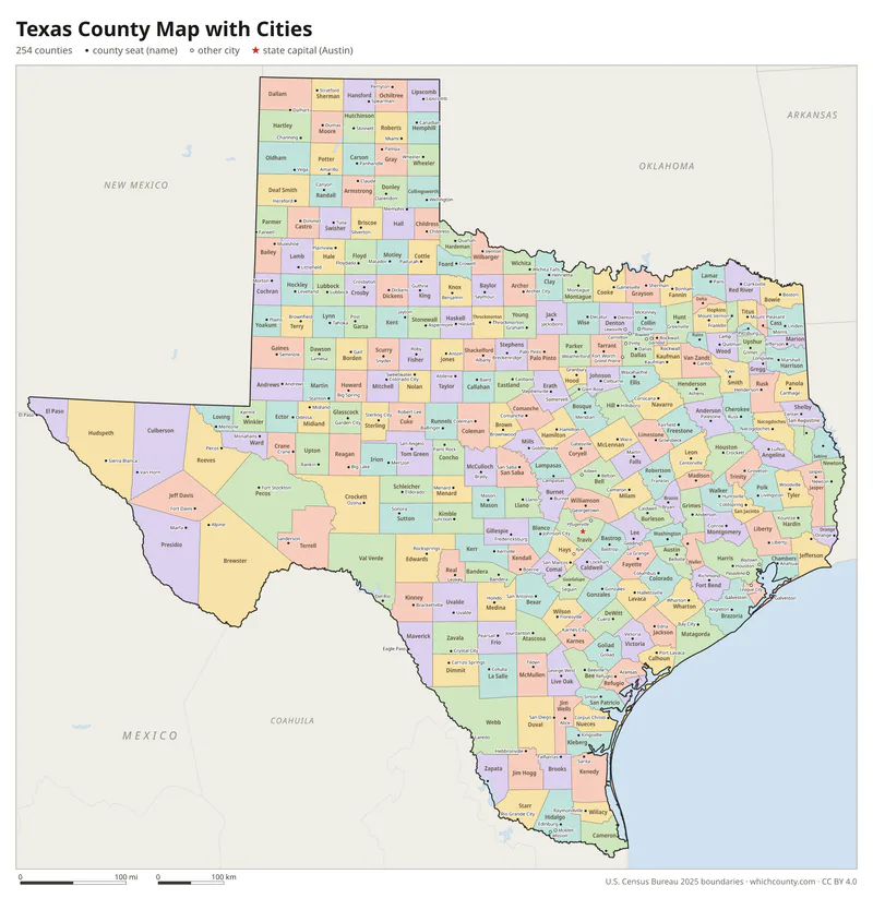 Texas county map with cities and county seats