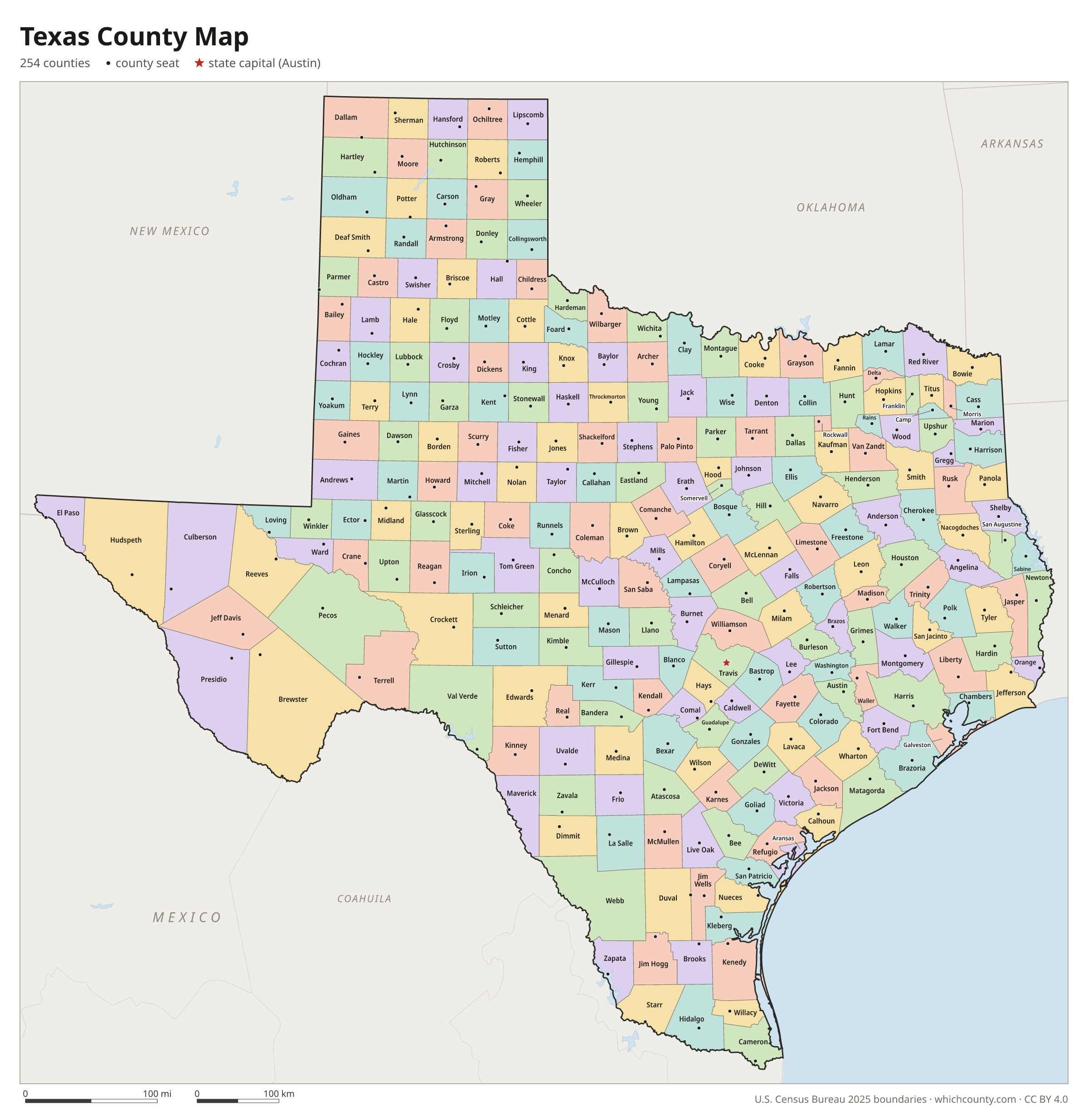 Texas county map showing all 254 counties with county names and county seats