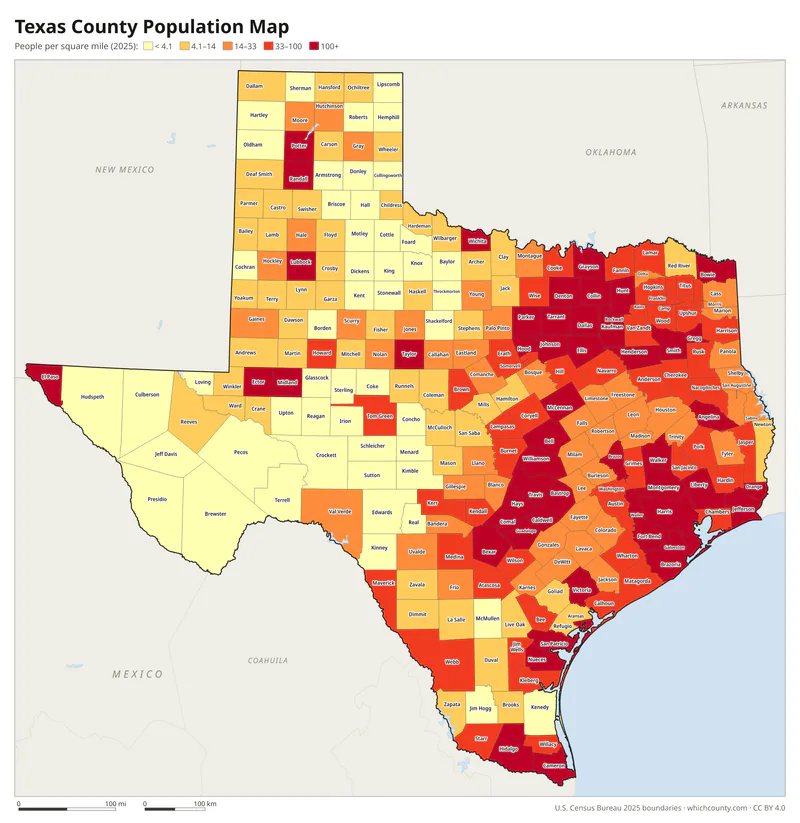Map of Texas counties shaded by population density
